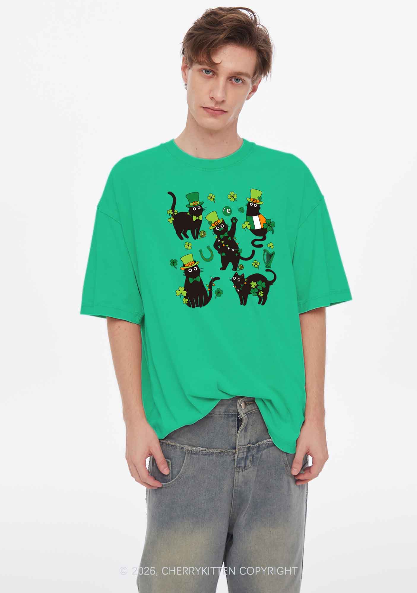 Shamrock Dancing Cats St Patricks Y2K Shirts Washed Tee Cherrykitten - Image 2