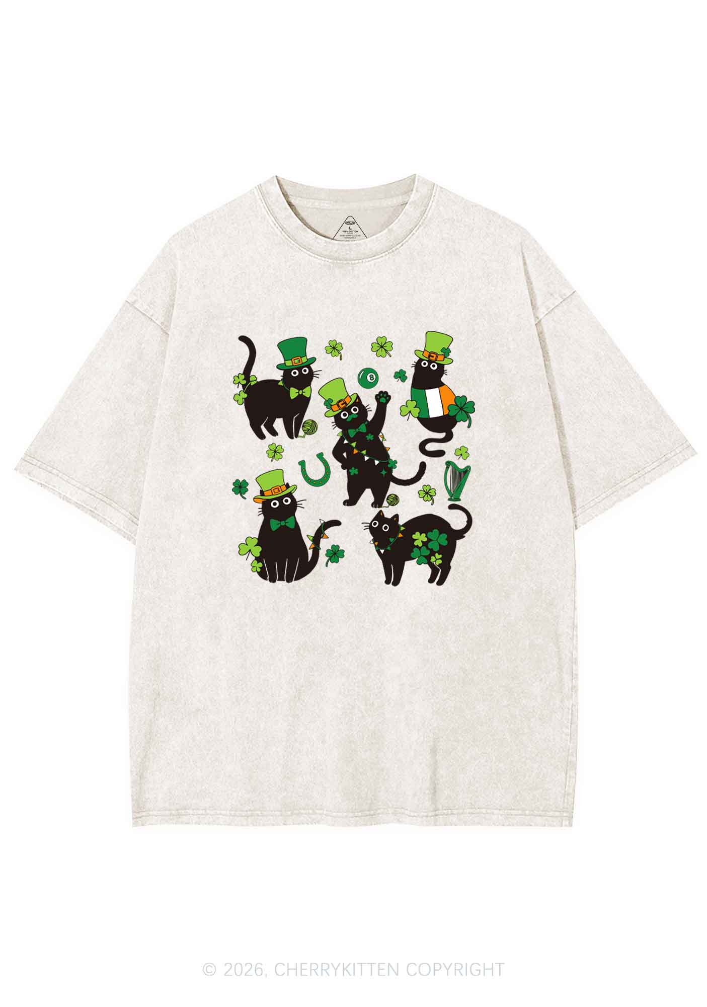 Shamrock Dancing Cats St Patricks Y2K Shirts Washed Tee Cherrykitten - Image 3