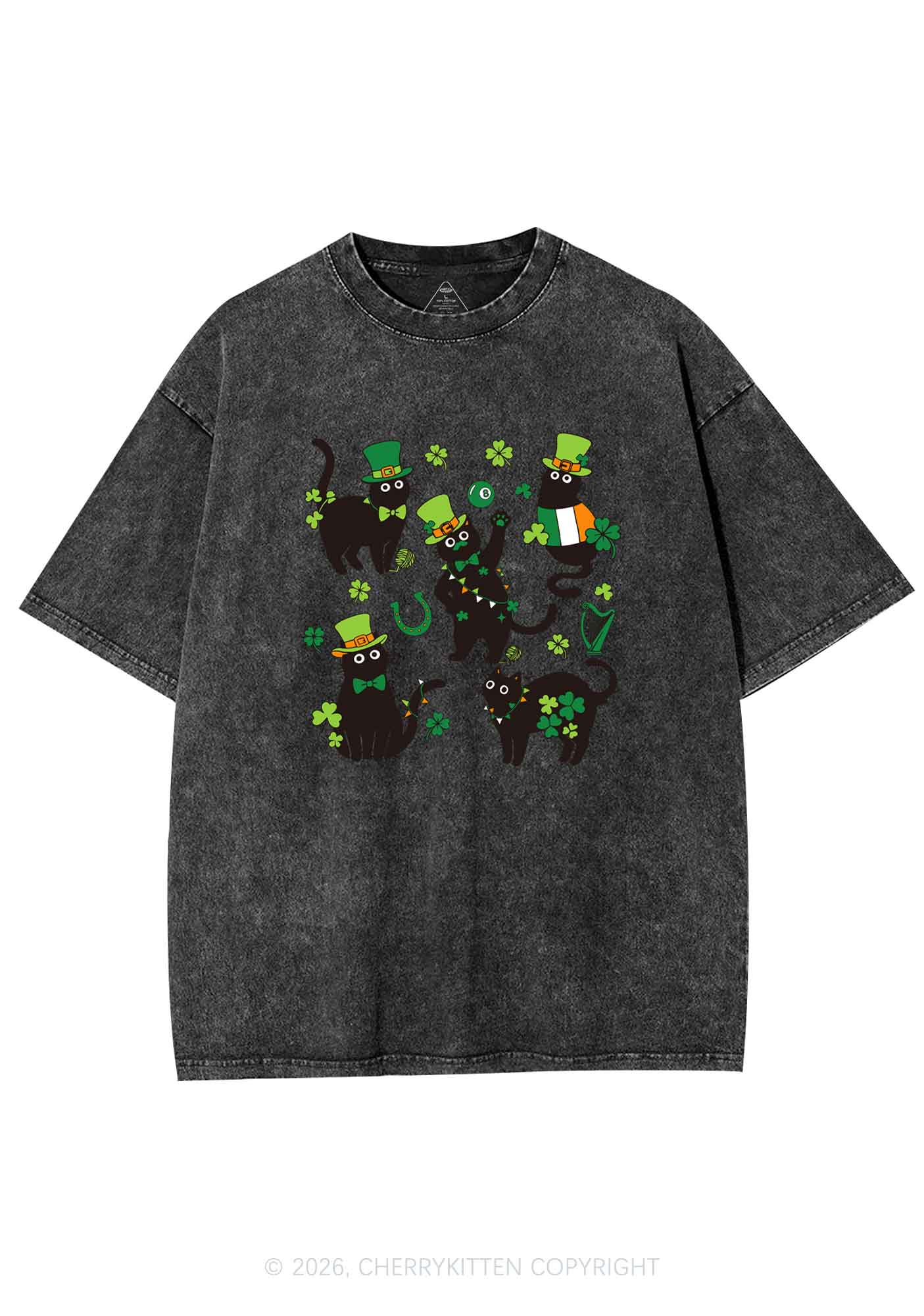 Shamrock Dancing Cats St Patricks Y2K Shirts Washed Tee Cherrykitten - Image 4