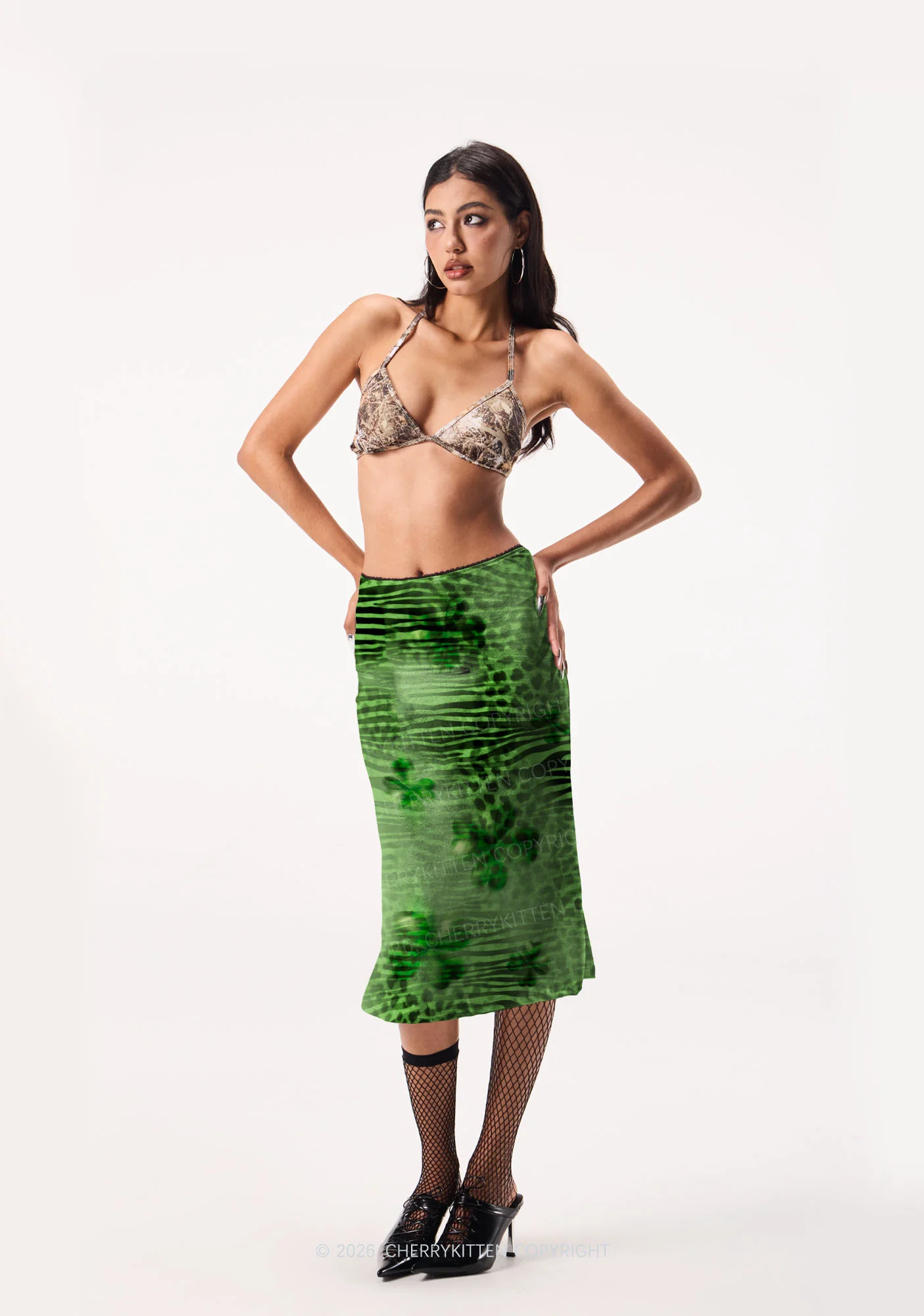 Shamrock Green Leopard St Patricks Y2K Print Midi Skirt Cherrykitten - Image 2