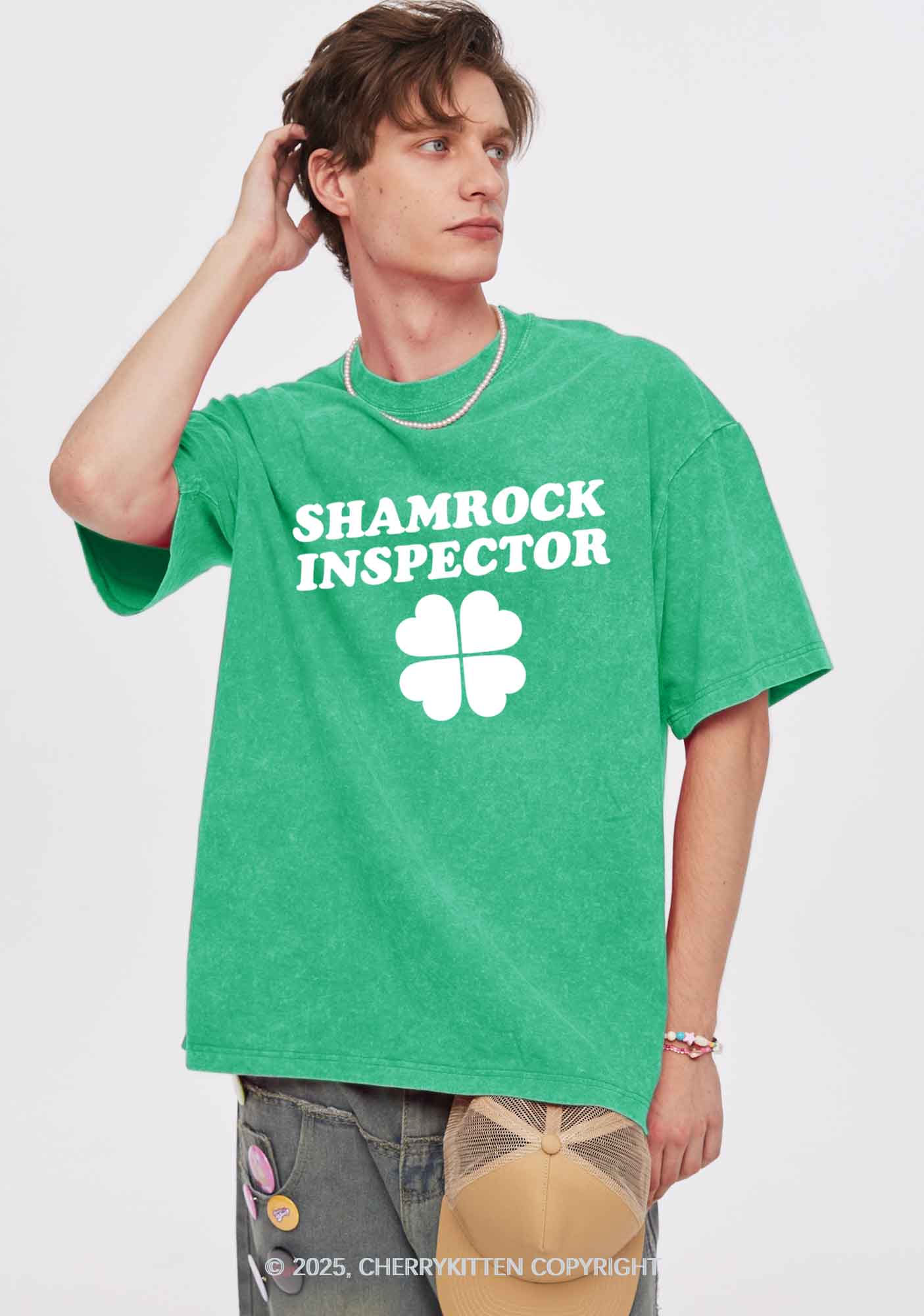 Shamrock Inspector Two Sides St Patricks Y2K Shirts Washed Tee Cherrykitten - Image 2