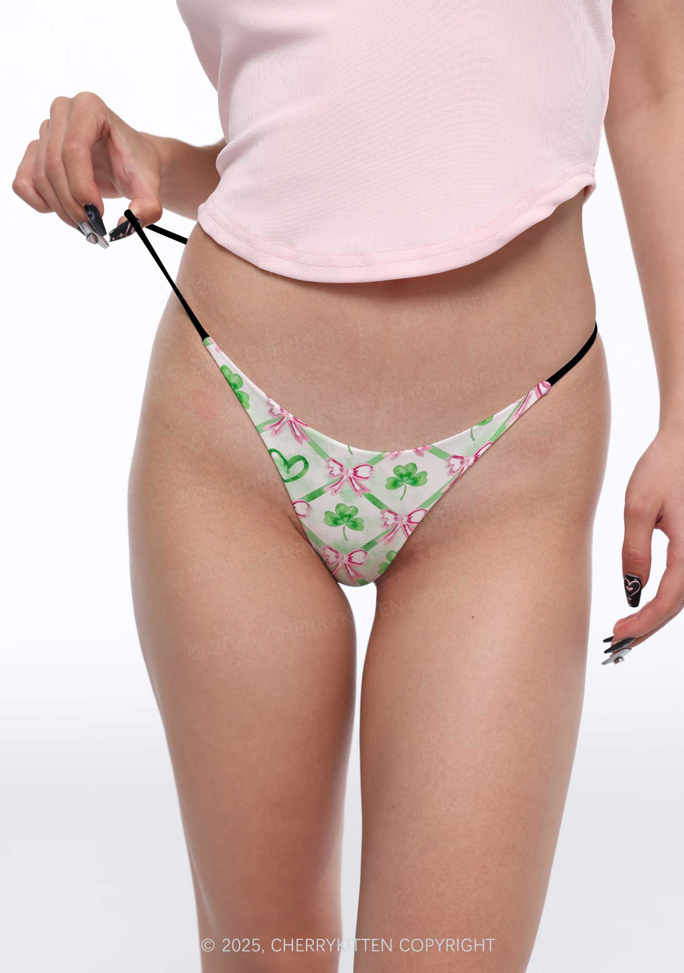 Shamrock Pink Bows St Patricks Y2K Print Bikini String Thong Cherrykitten - Image 2