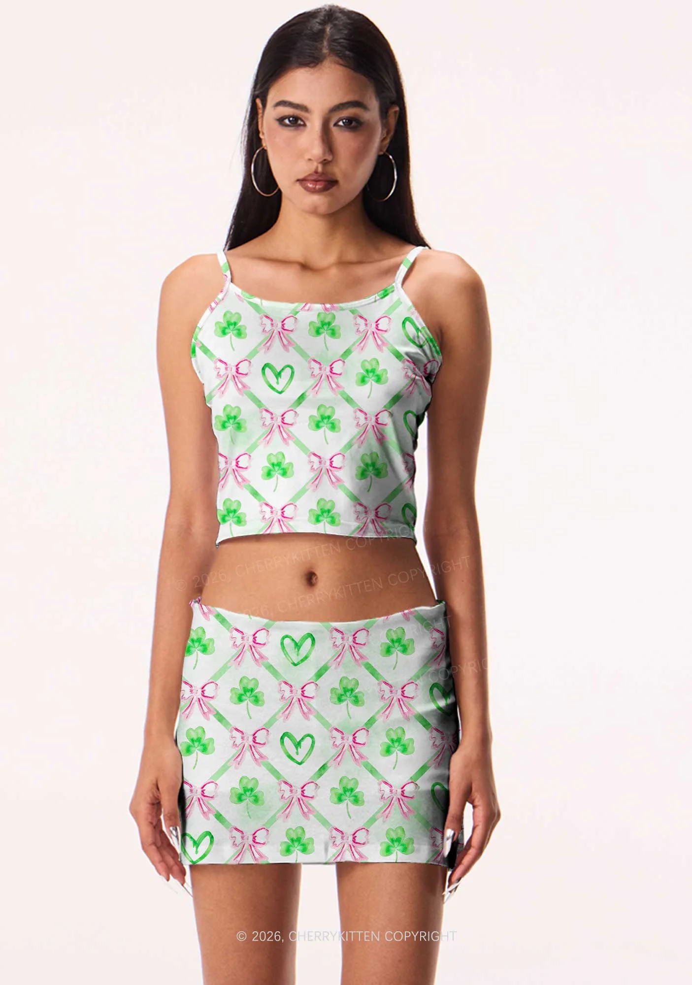 Shamrock Pink Bows St Patricks Y2K Print Mini Skirt Cherrykitten - Image 2