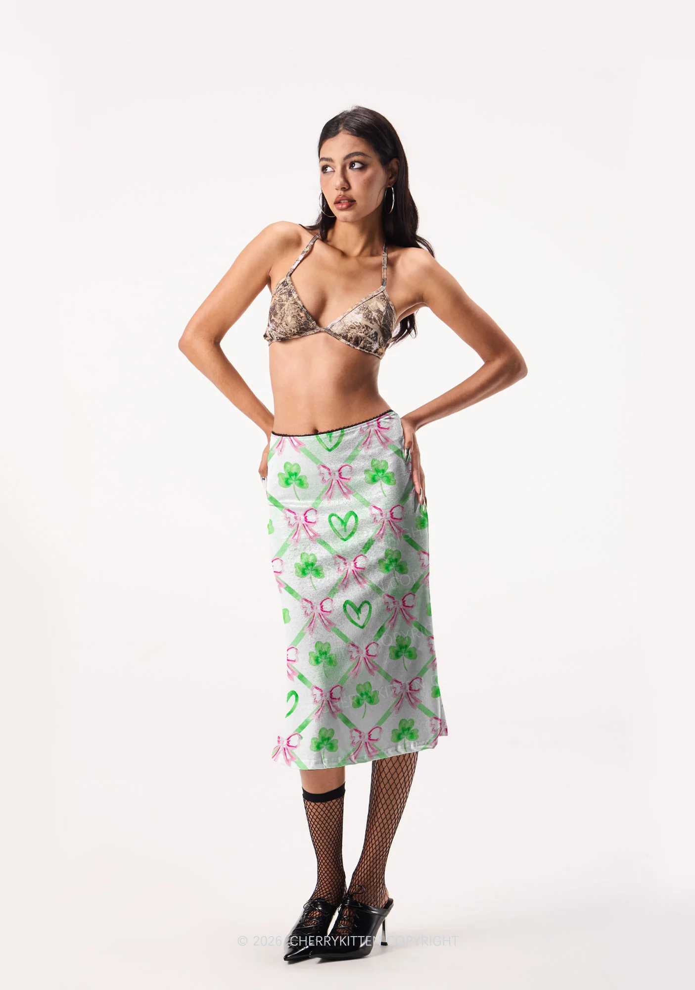 Shamrock Pink Bows St Patricks Y2K Print Midi Skirt Cherrykitten - Image 2