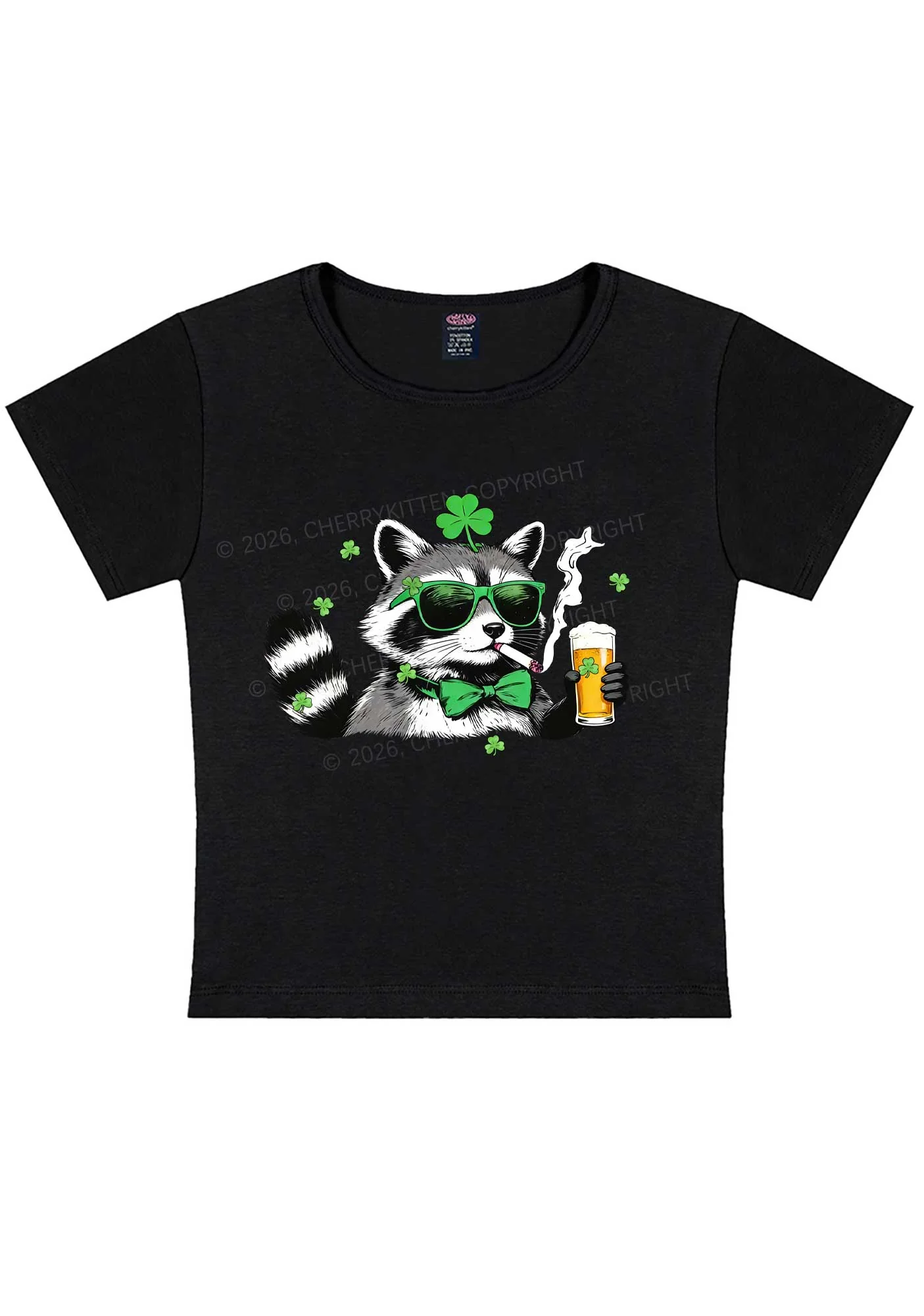 Shamrock Smoke Raccoon St Patricks Y2K Baby Tee Cherrykitten - Image 3