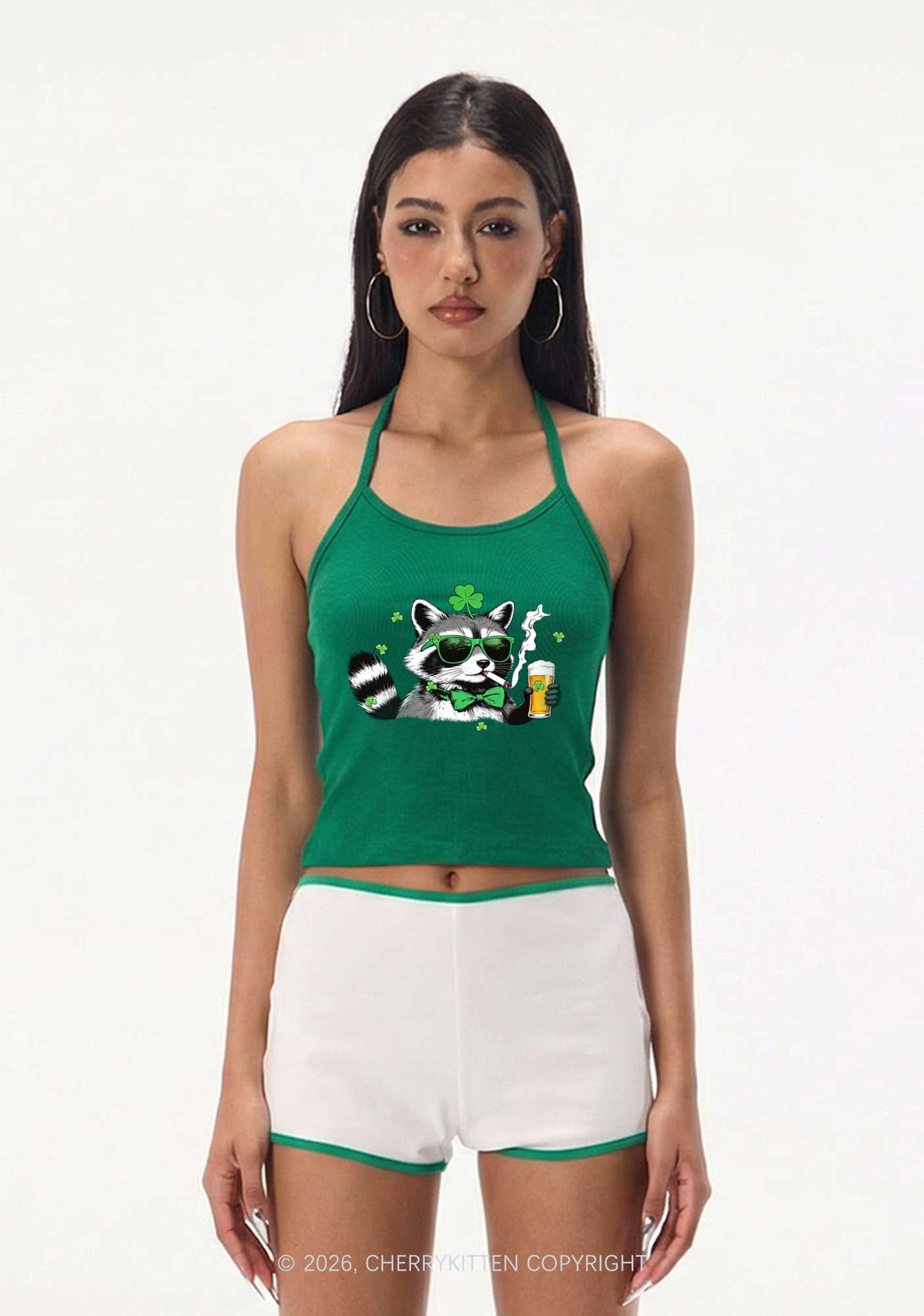 Shamrock Smoke Raccoon St Patricks Y2K Halter Neck Cami Cherrykitten - Image 2