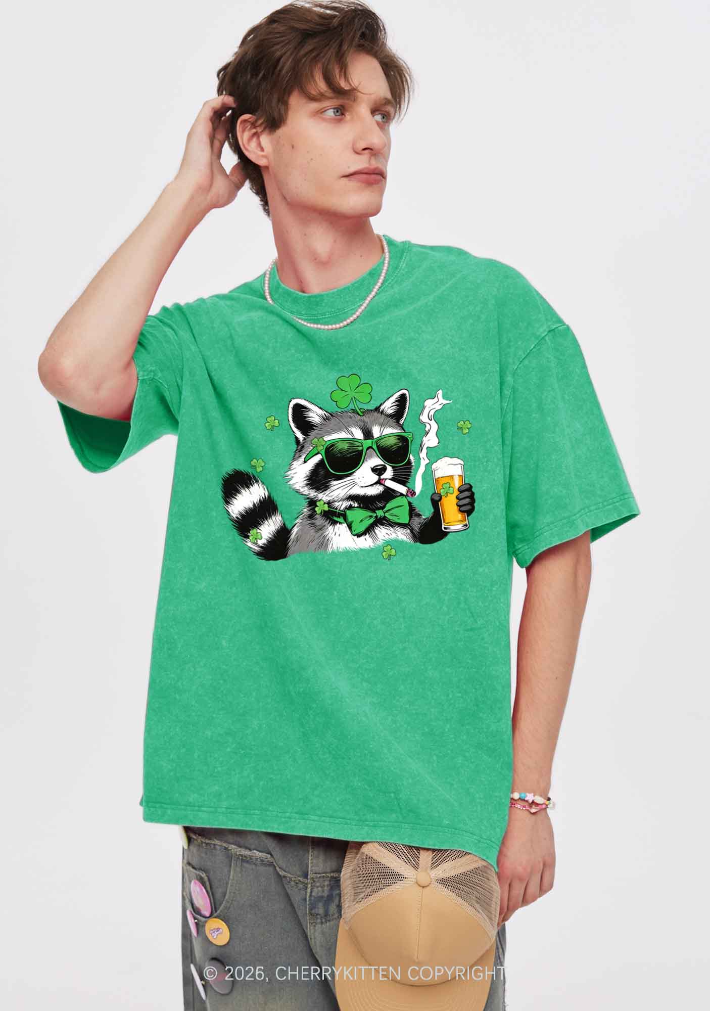 Shamrock Smoke Raccoon St Patricks Y2K Shirts Washed Tee Cherrykitten - Image 2