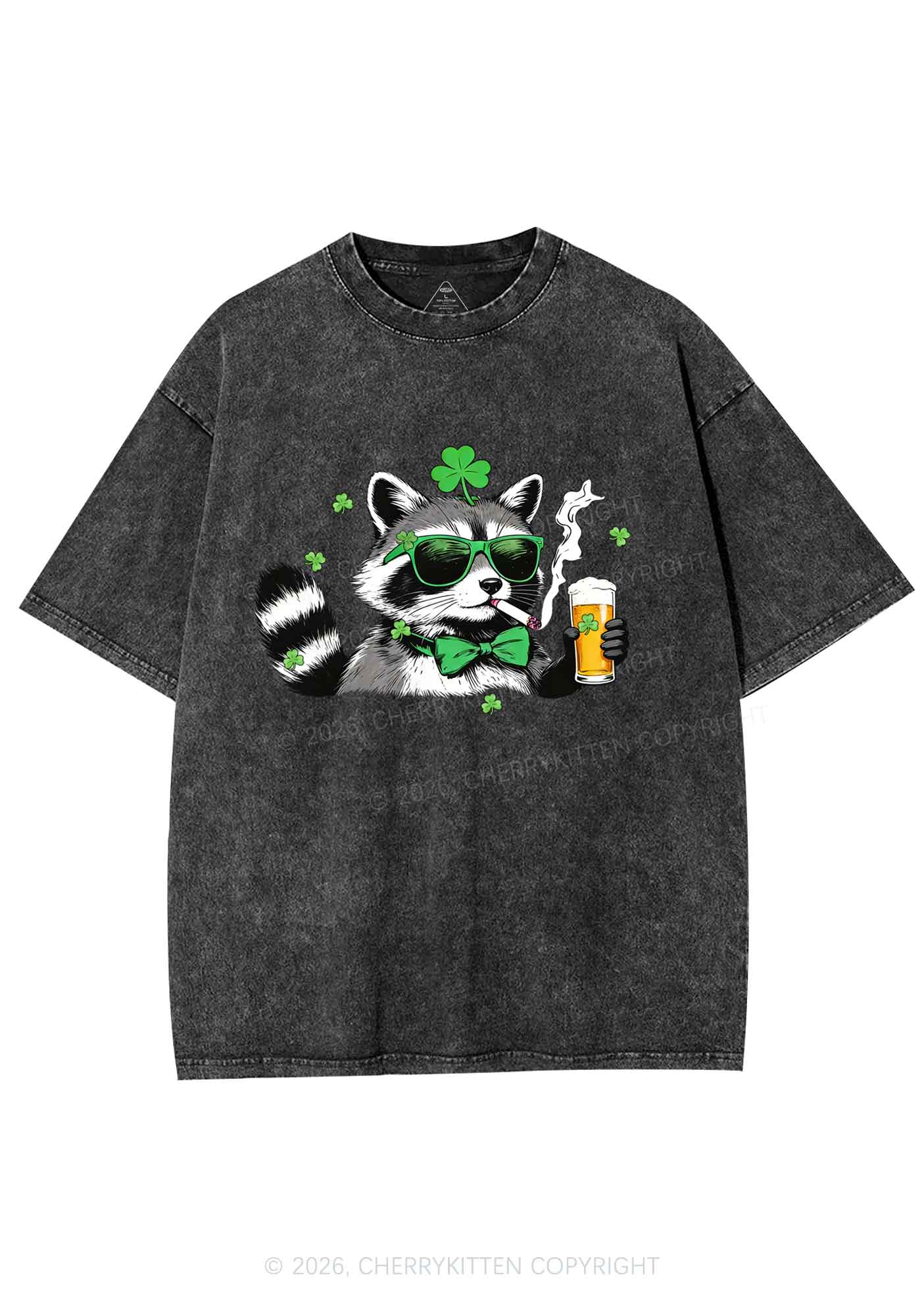 Shamrock Smoke Raccoon St Patricks Y2K Shirts Washed Tee Cherrykitten - Image 3
