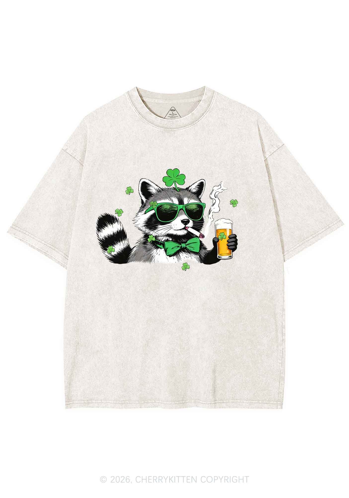 Shamrock Smoke Raccoon St Patricks Y2K Shirts Washed Tee Cherrykitten - Image 4