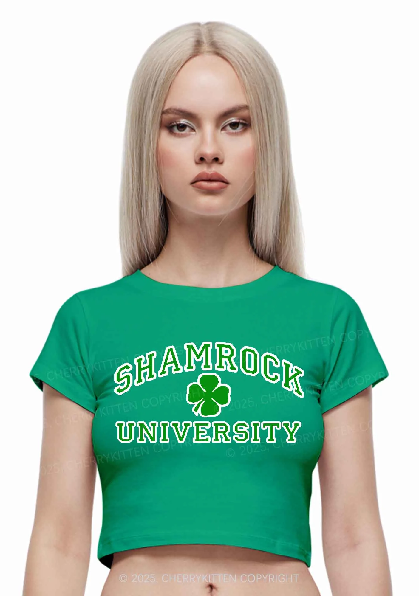 Shamrock University St Patricks Y2K Baby Tee Cherrykitten - Image 2