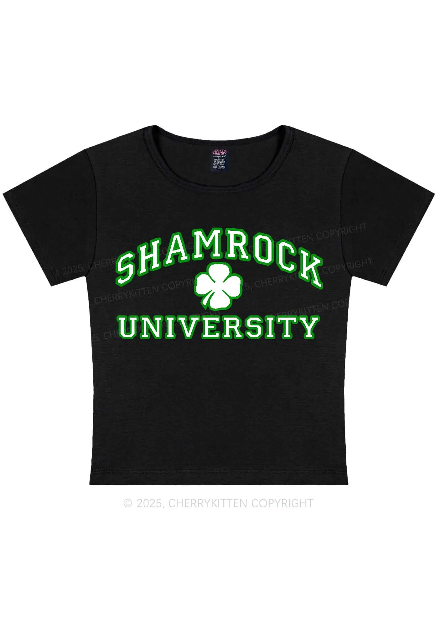 Shamrock University St Patricks Y2K Baby Tee Cherrykitten - Image 3