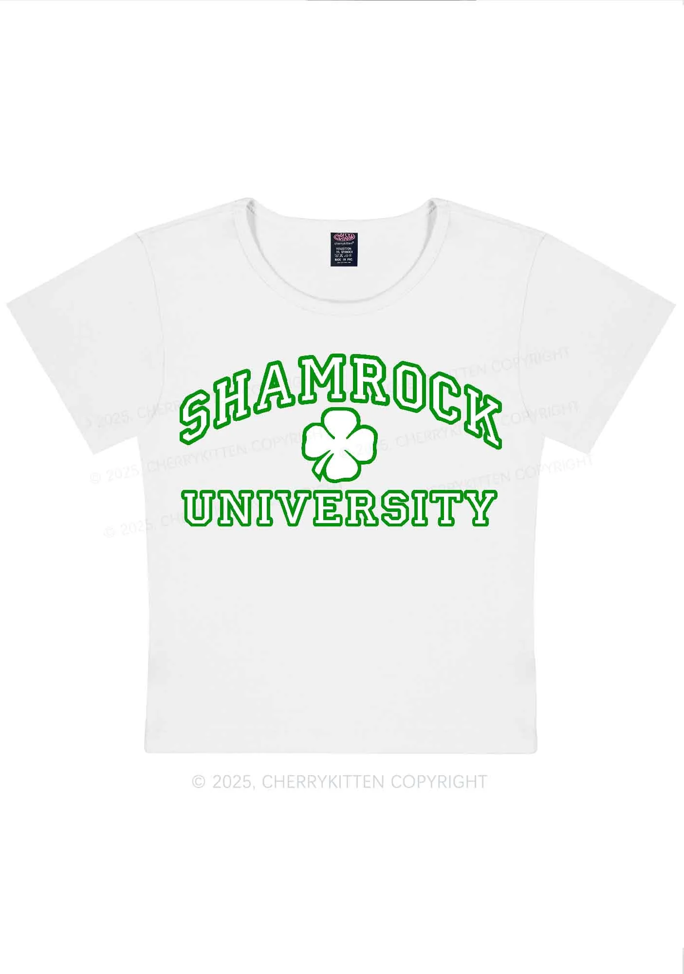 Shamrock University St Patricks Y2K Baby Tee Cherrykitten - Image 4