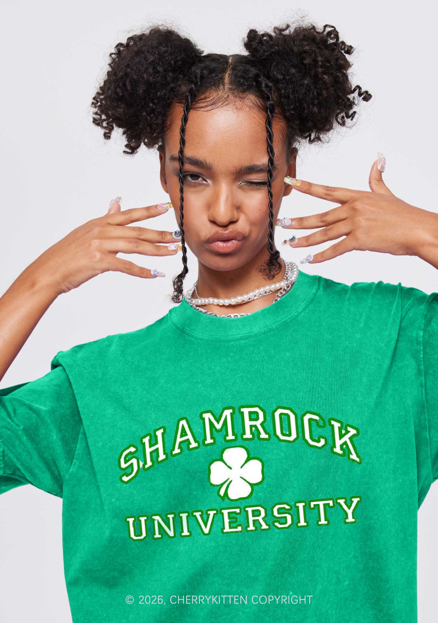 Shamrock University St Patricks Y2K Washed Tee Cherrykitten - Image 2