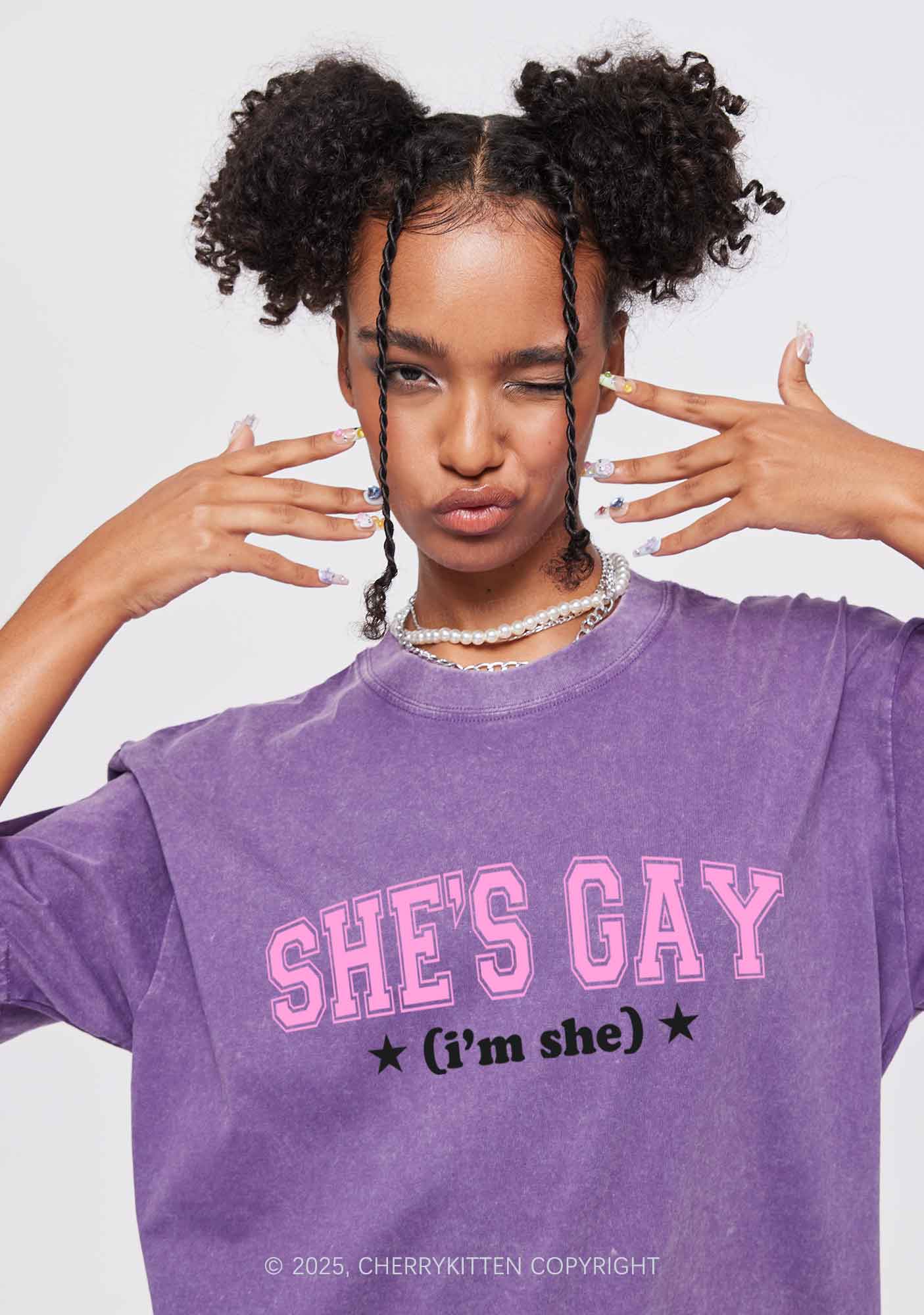 She Is Gay Y2K Shirts Washed Tee Cherrykitten - Image 2