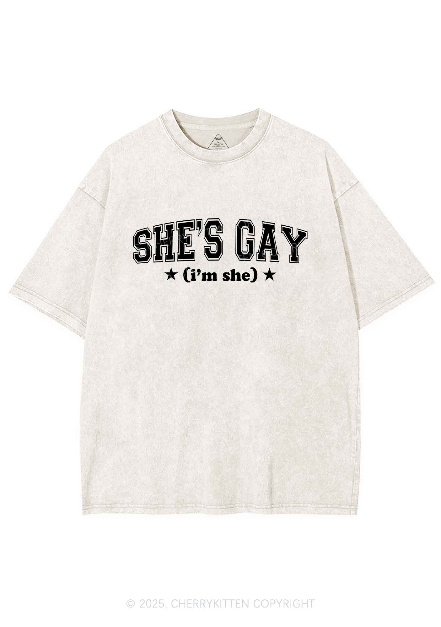 She Is Gay Y2K Shirts Washed Tee Cherrykitten - Image 4