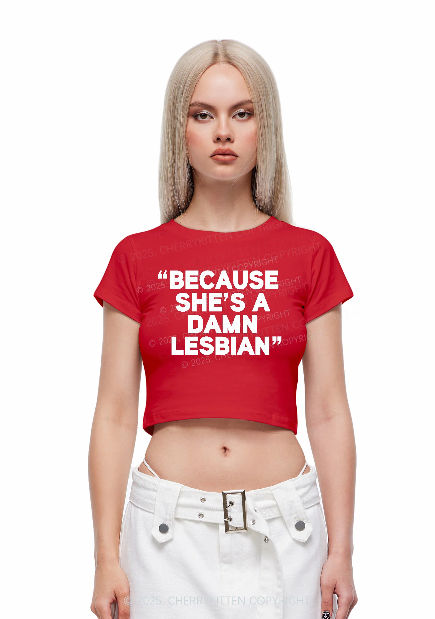 She's A Damn Lesbian Y2K Baby Tee Cherrykitten - Image 2