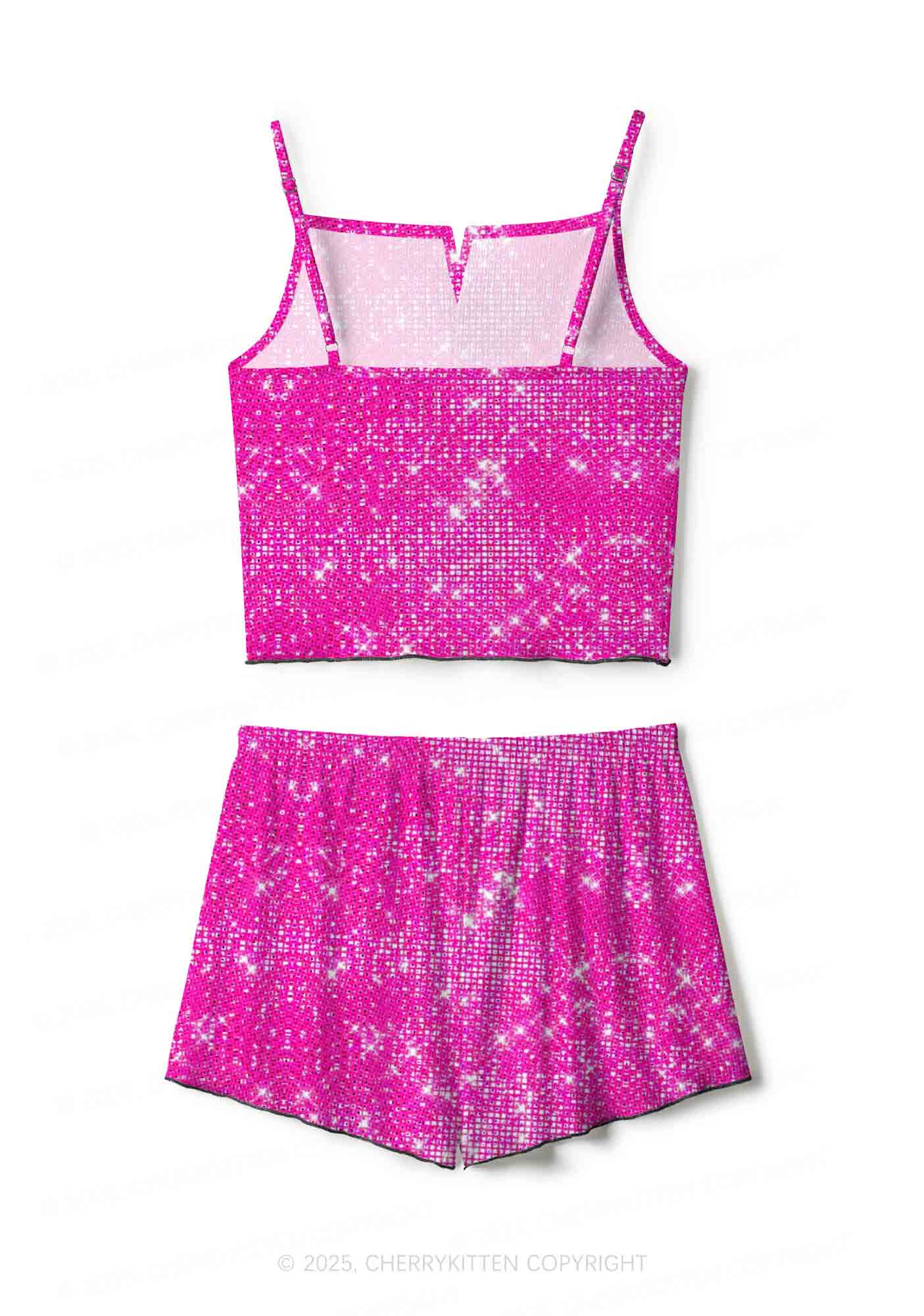 Shiny Pink Y2K Print Cami Shorts Pajama Set Cherrykitten - Image 3