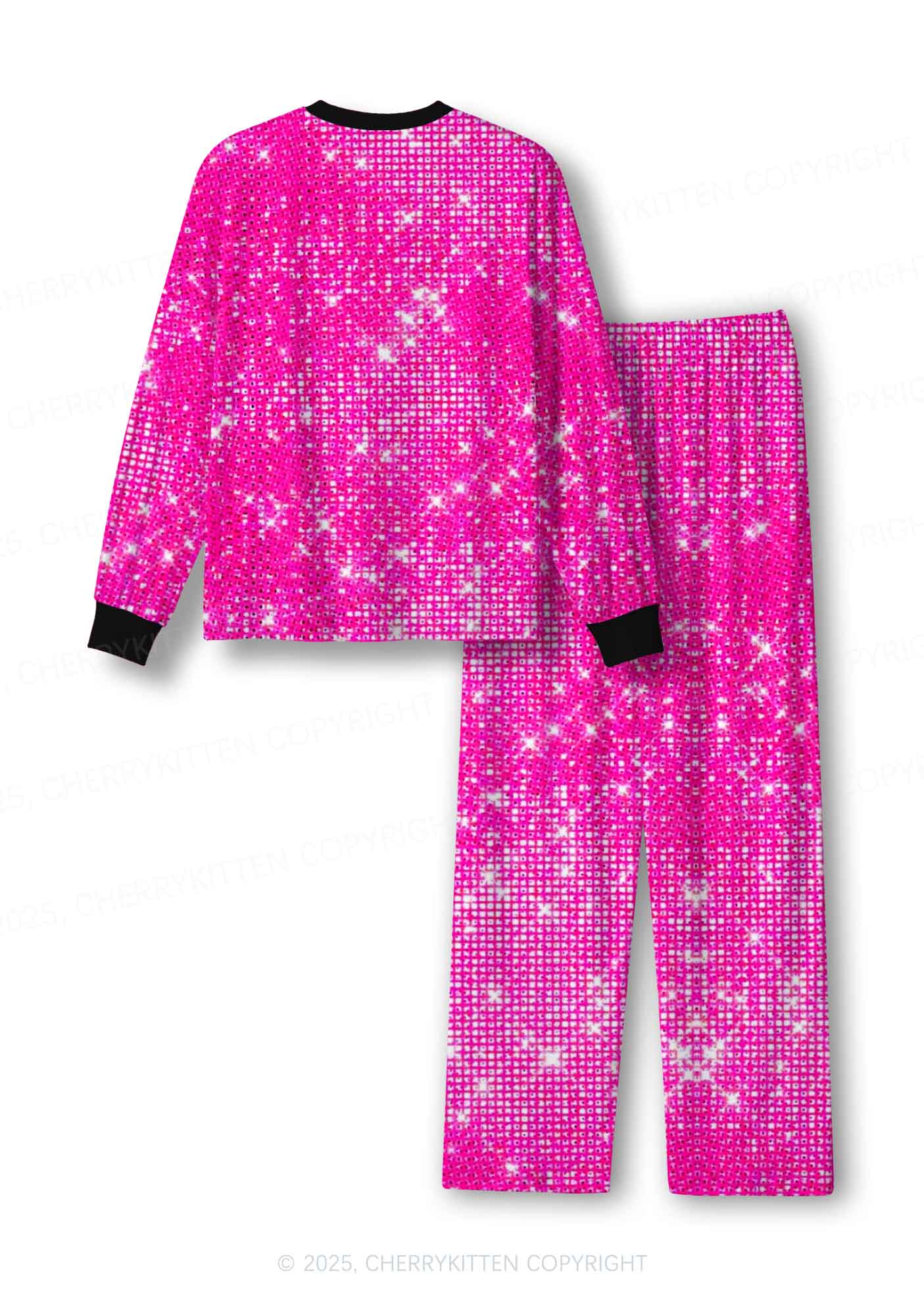 Shiny Pink Y2K Print Long Sleeve Pajama Set Cherrykitten - Image 3