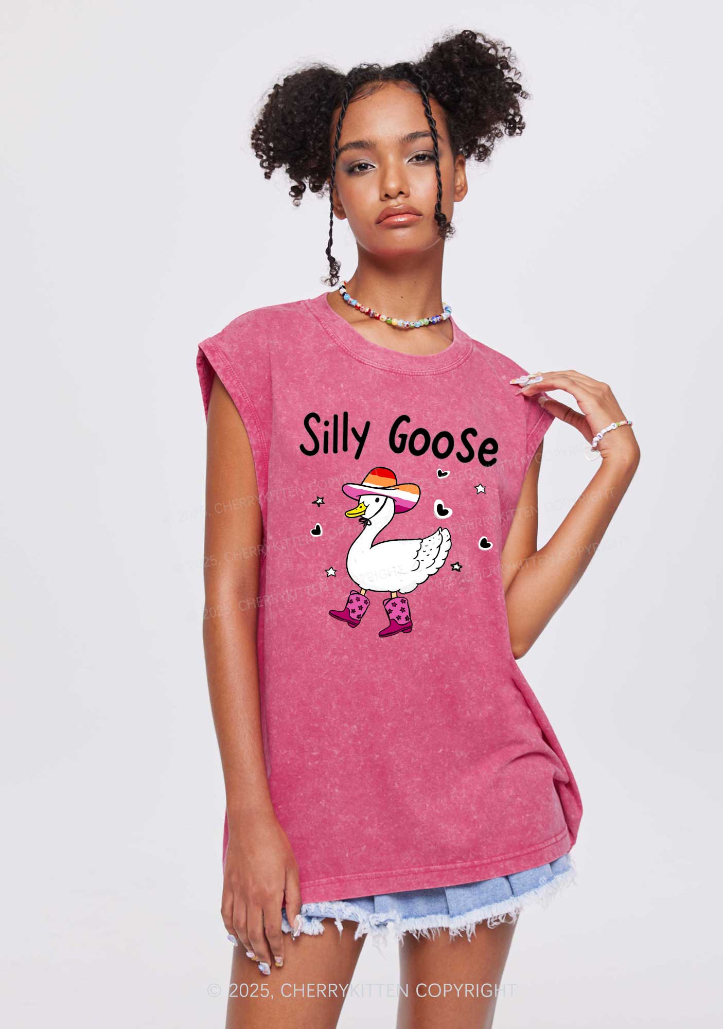 Silly Goose Lesbian Pride Y2K Washed Muscle Tank Cherrykitten - Image 2