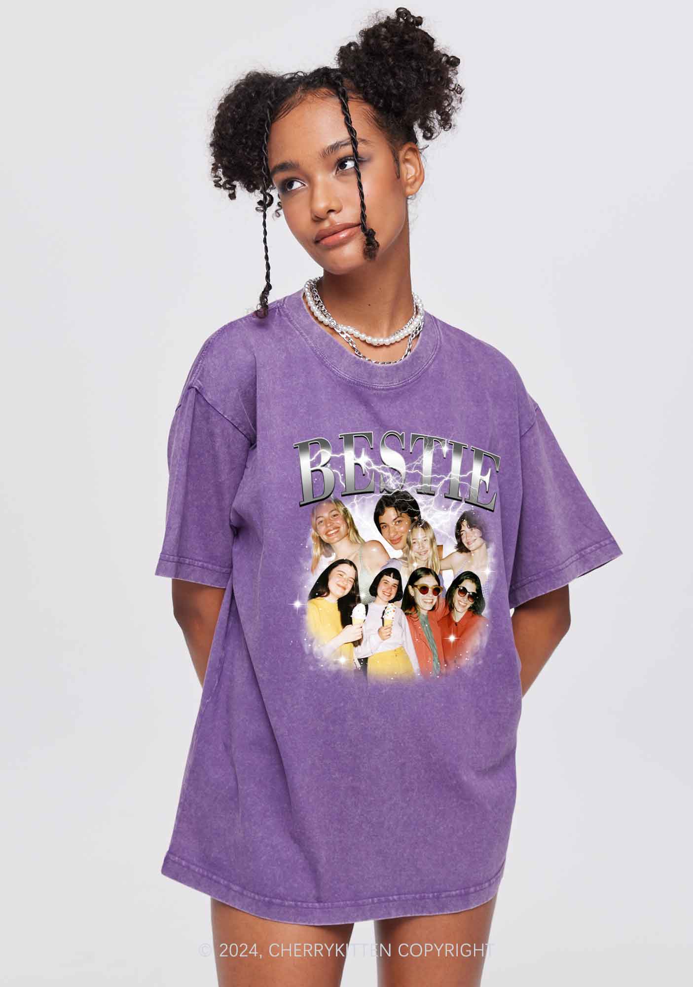 Silver Custom Bestie Photos Y2K Valentine's Day Washed Tee Cherrykitten - Image 2
