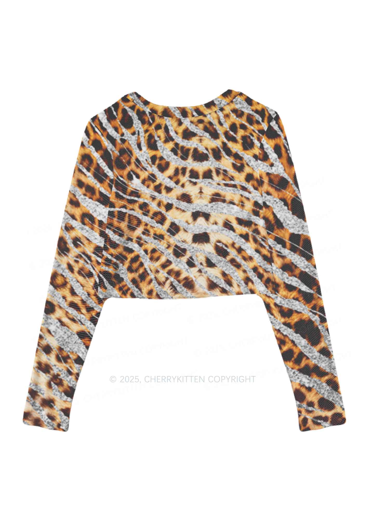 Silver Glitter Leopard Y2K Mesh Long Sleeve Crop Top Cherrykitten - Image 3