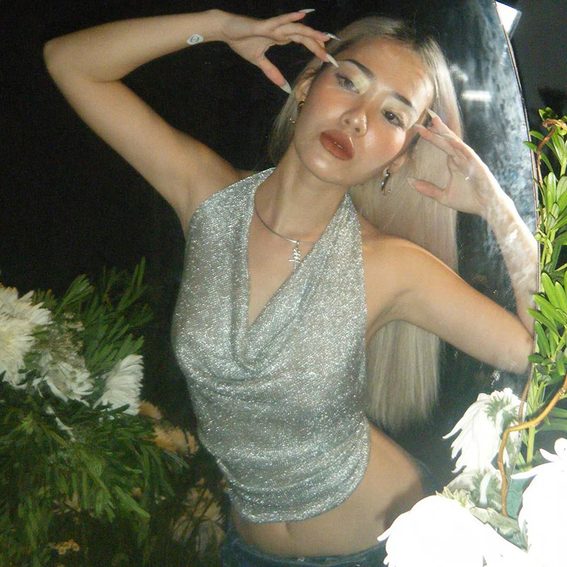 Silver Shiny Reflective Backless Halter Sling Tube Top - Image 3