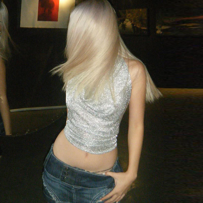 Silver Shiny Reflective Backless Halter Sling Tube Top - Image 5