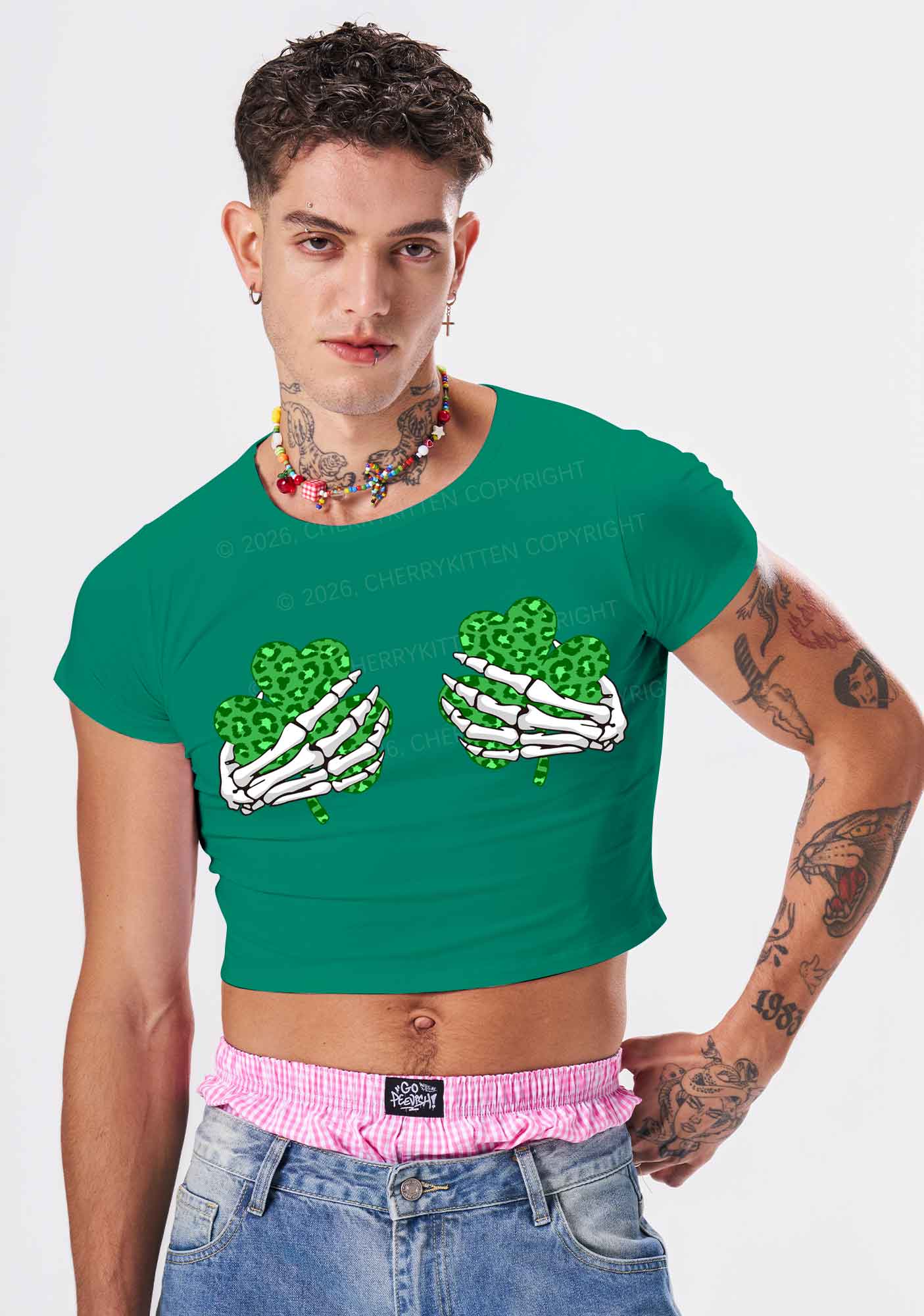 Skeleton Leopard Shamrock St Patricks Y2K Baby Tee Cherrykitten - Image 2