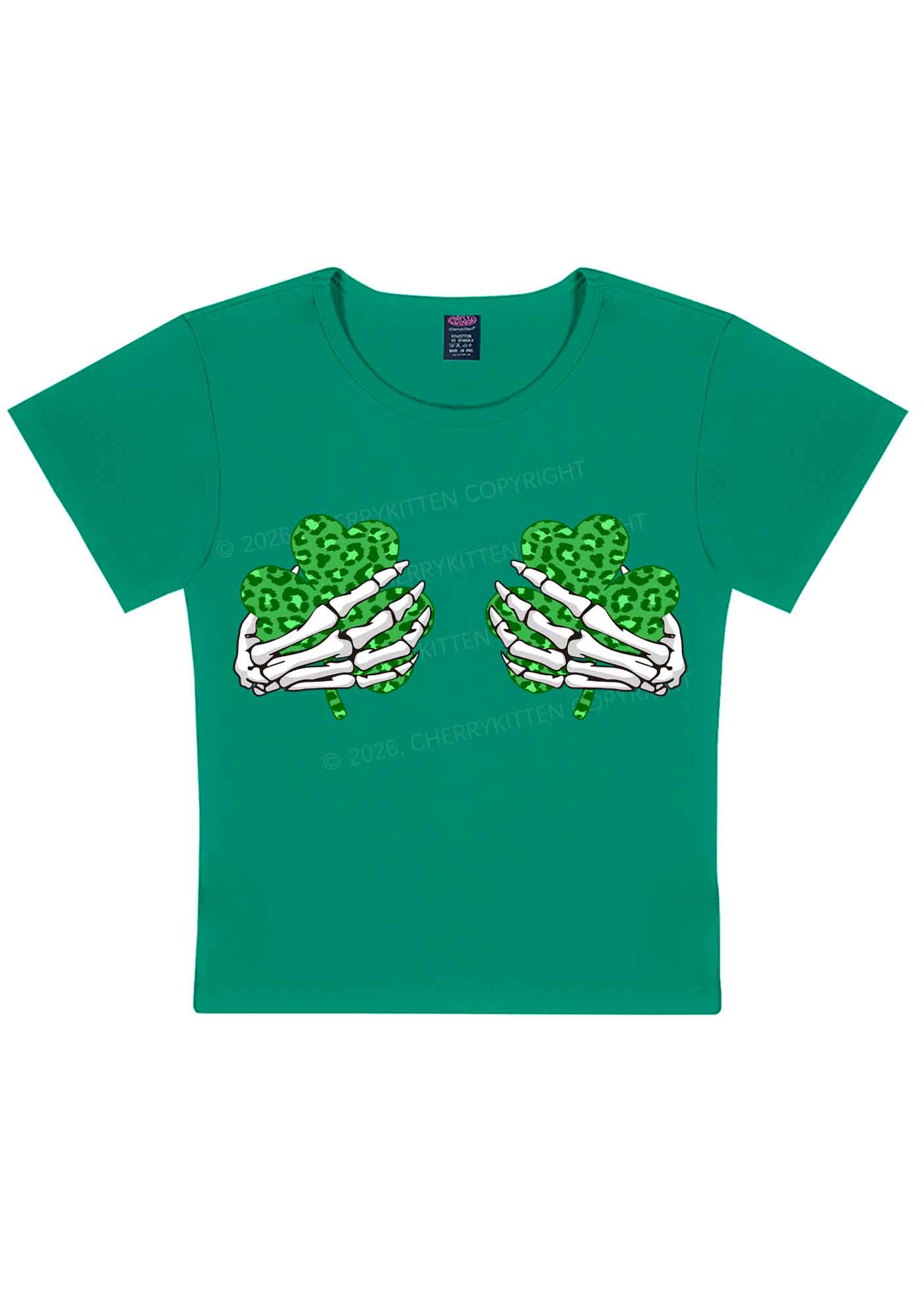 Skeleton Leopard Shamrock St Patricks Y2K Baby Tee Cherrykitten - Image 3