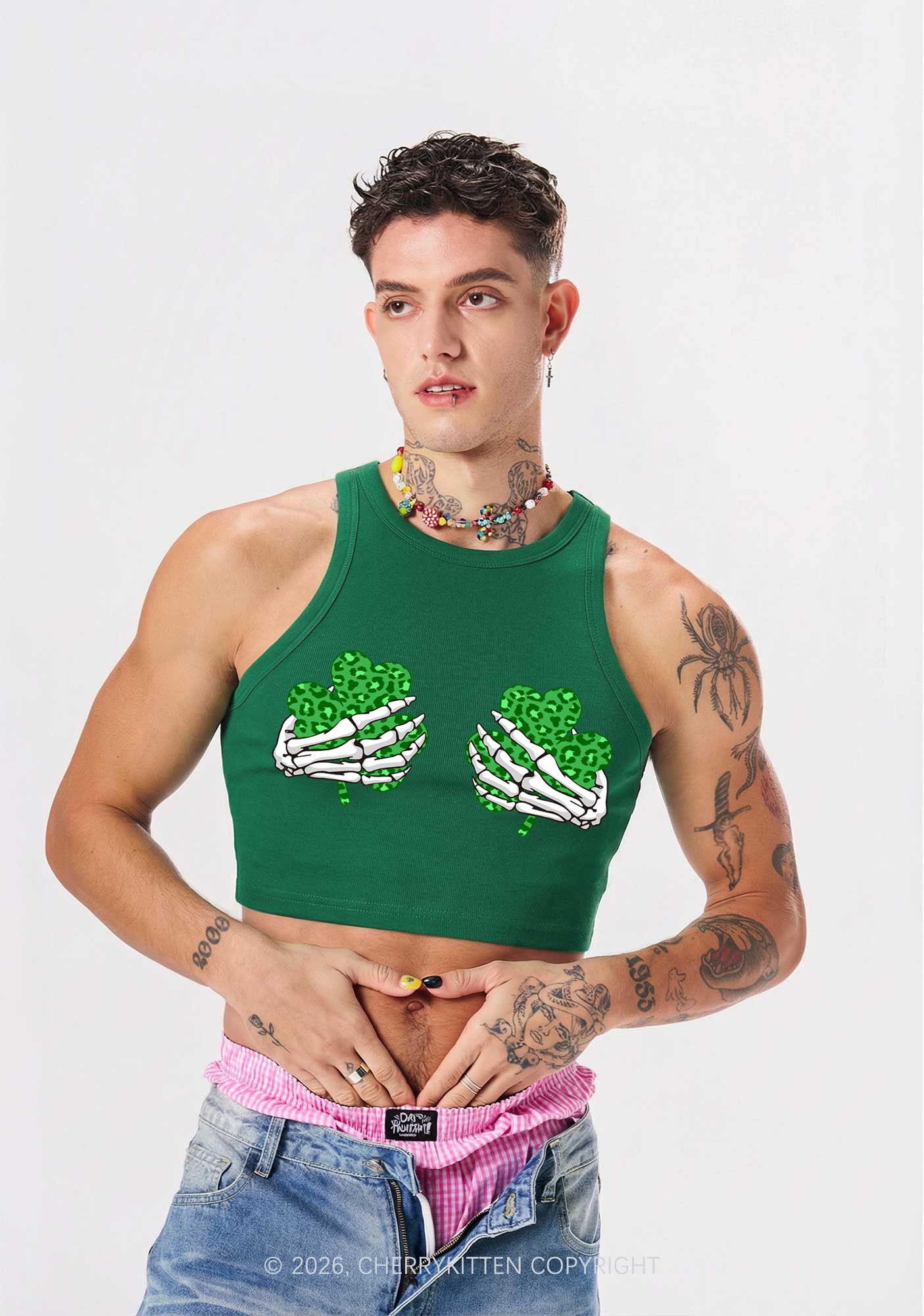 Skeleton Leopard Shamrock St Patricks Y2K Crop Tank Top Cherrykitten - Image 2