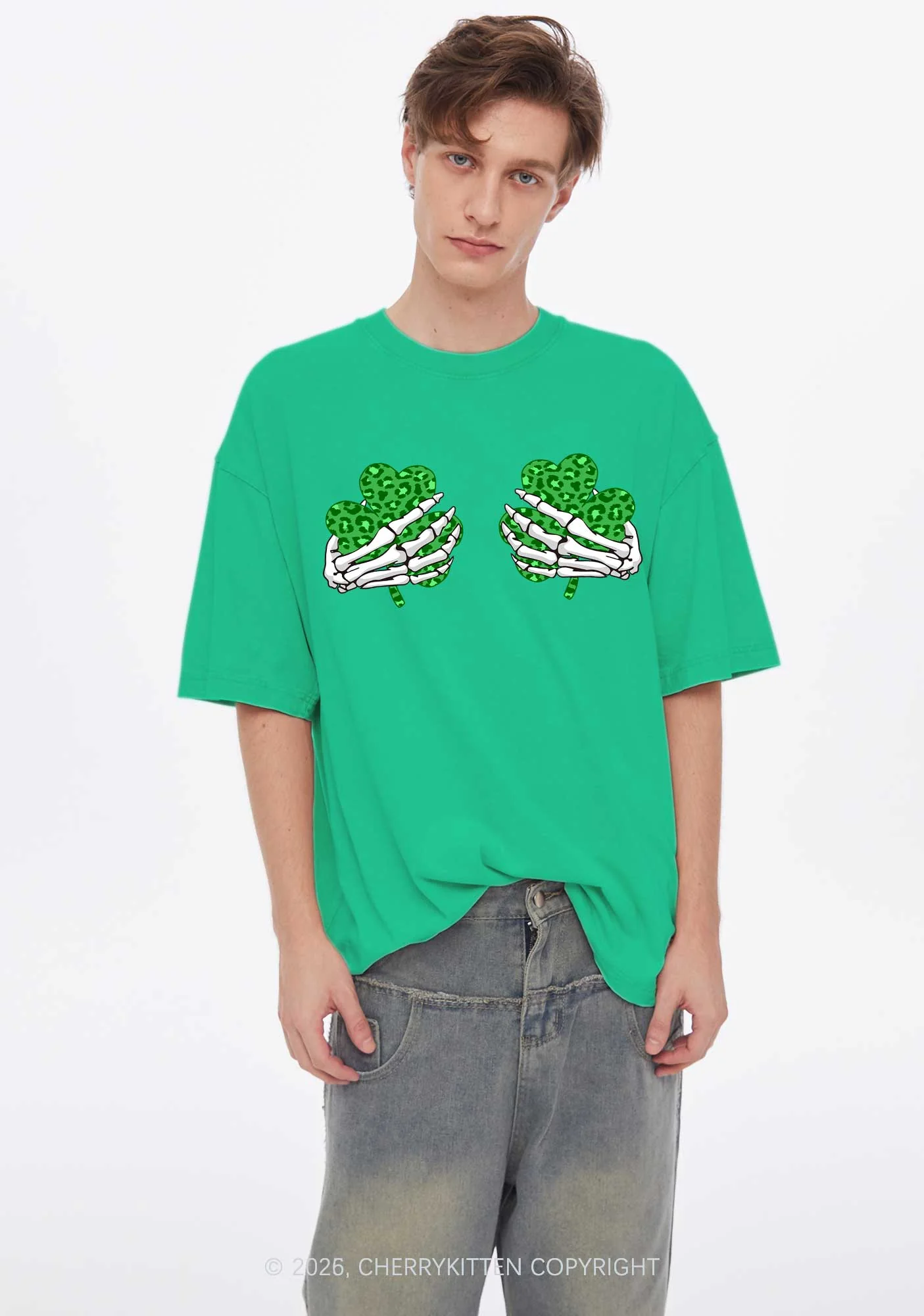 Skeleton Leopard Shamrock St Patricks Y2K Shirts Washed Tee Cherrykitten - Image 2