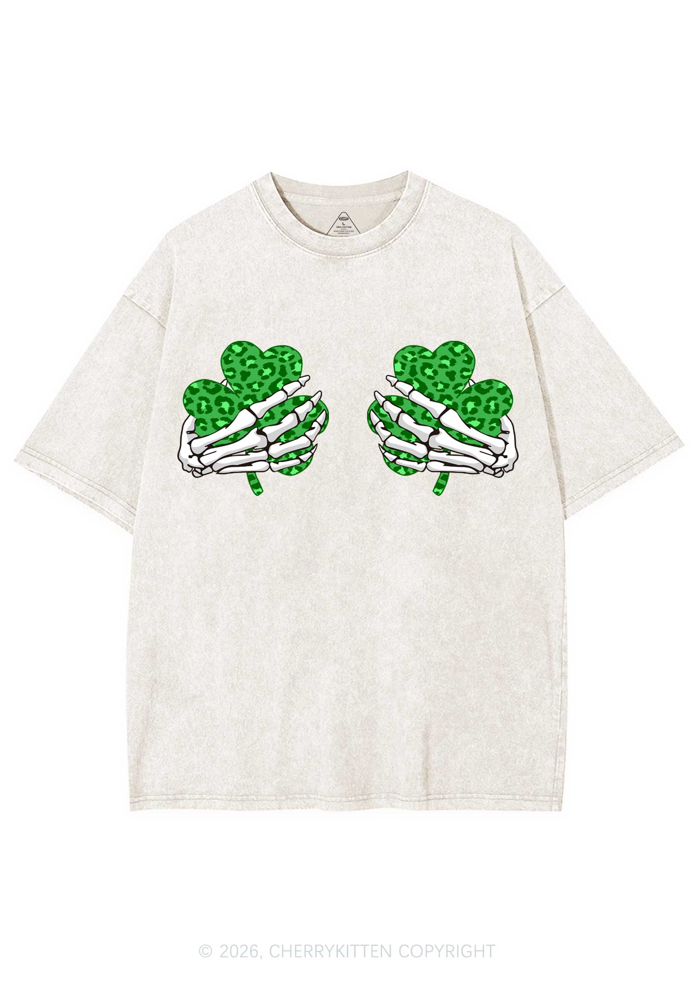 Skeleton Leopard Shamrock St Patricks Y2K Shirts Washed Tee Cherrykitten - Image 3
