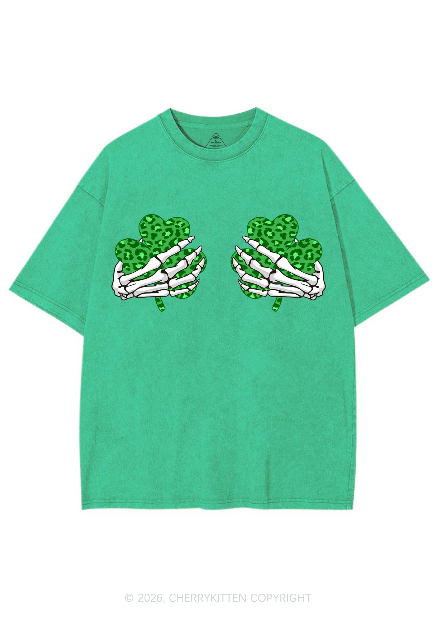 Skeleton Leopard Shamrock St Patricks Y2K Shirts Washed Tee Cherrykitten - Image 4