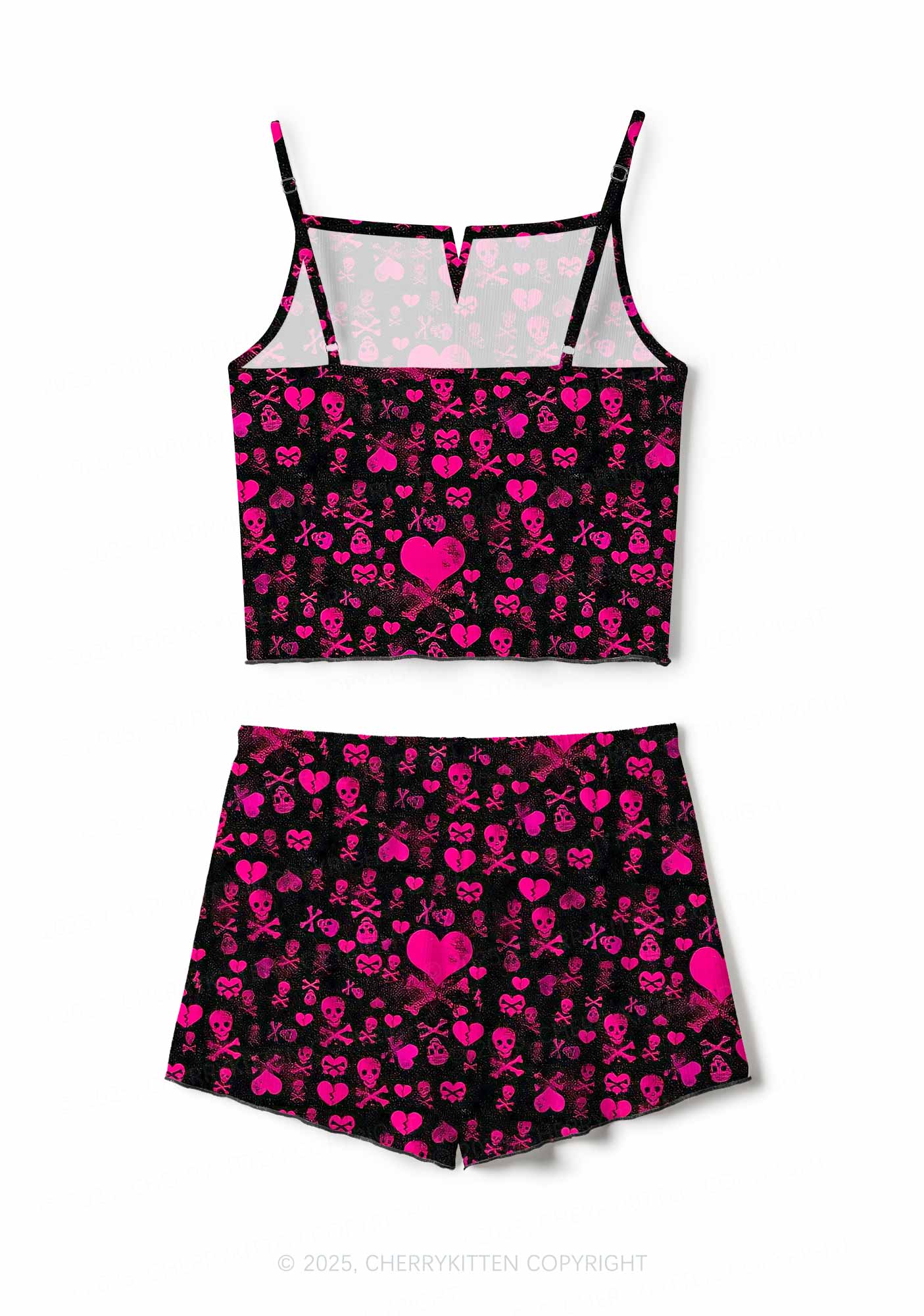 Skeleton Pink Love Valentine's Day Y2K Print Cami Shorts Pajama Set Cherrykitten - Image 2