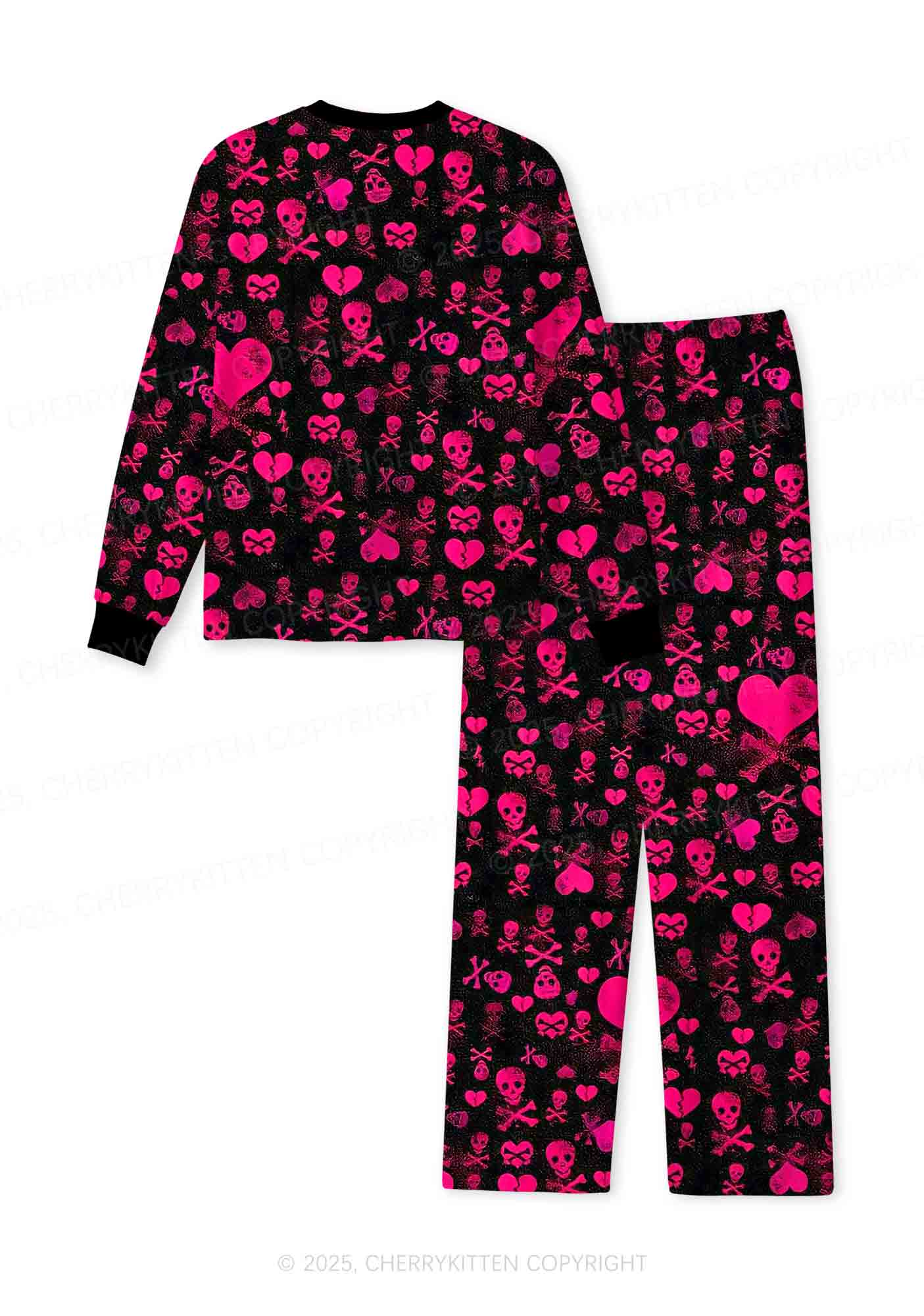 Skeleton Pink Love Valentine's Day Y2K Print Long Sleeve Pajama Set Cherrykitten - Image 2