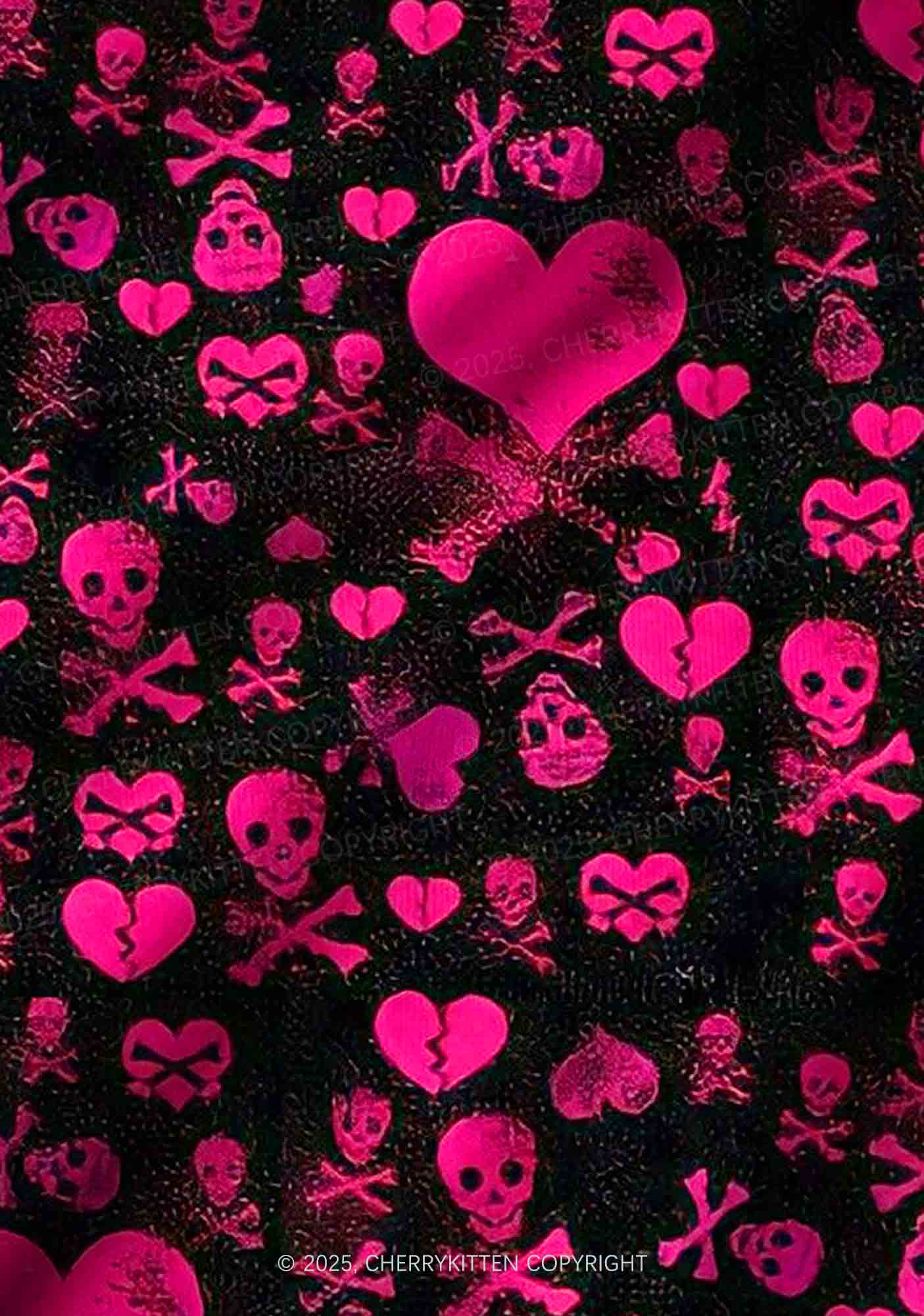 Skeleton Pink Love Valentine's Day Y2K Print Long Sleeve Pajama Set Cherrykitten - Image 3