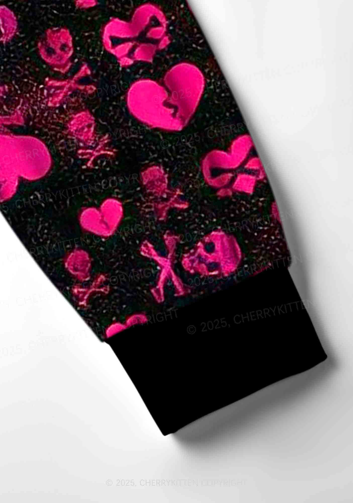 Skeleton Pink Love Valentine's Day Y2K Print Long Sleeve Pajama Set Cherrykitten - Image 4