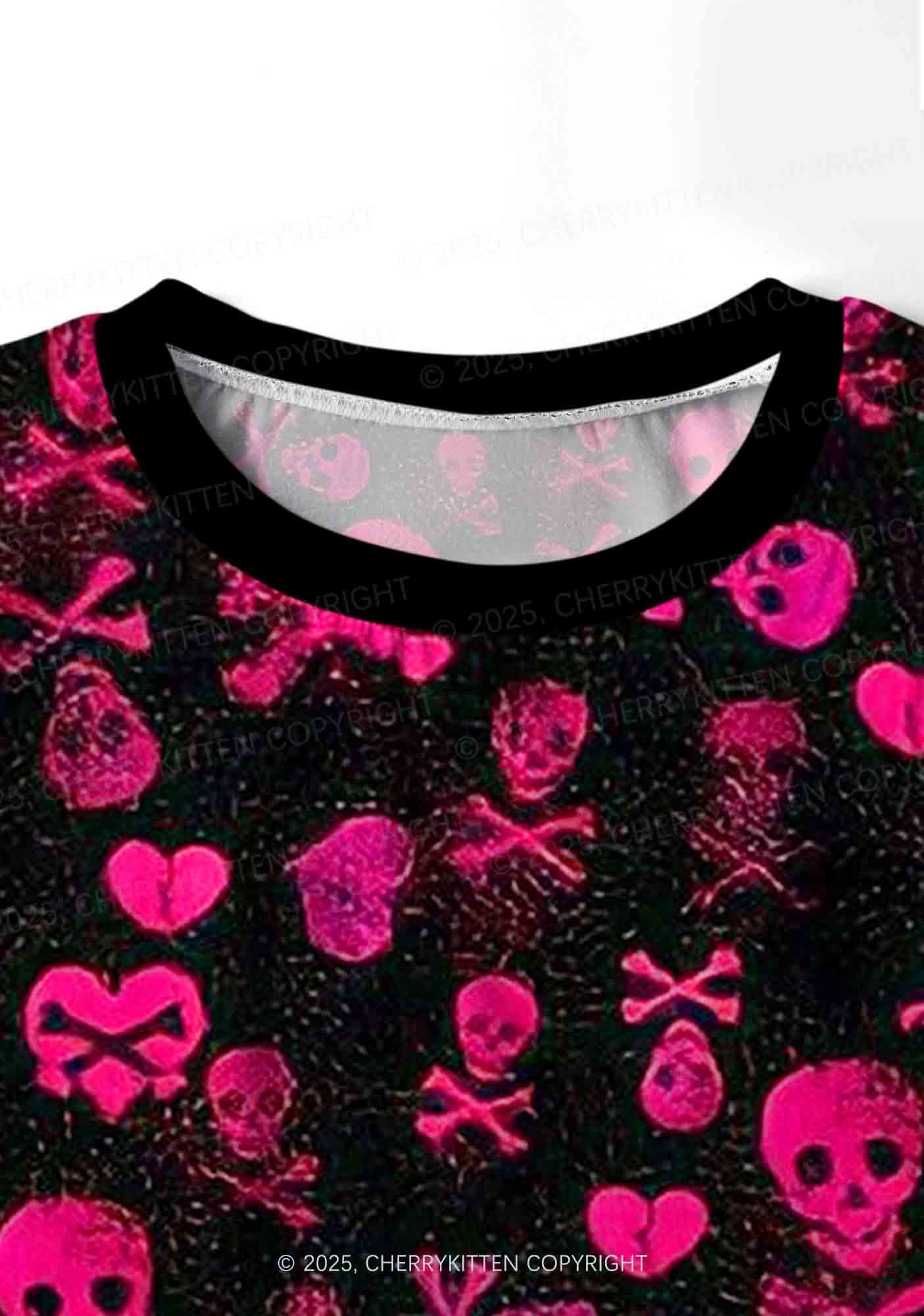 Skeleton Pink Love Valentine's Day Y2K Print Long Sleeve Pajama Set Cherrykitten - Image 5