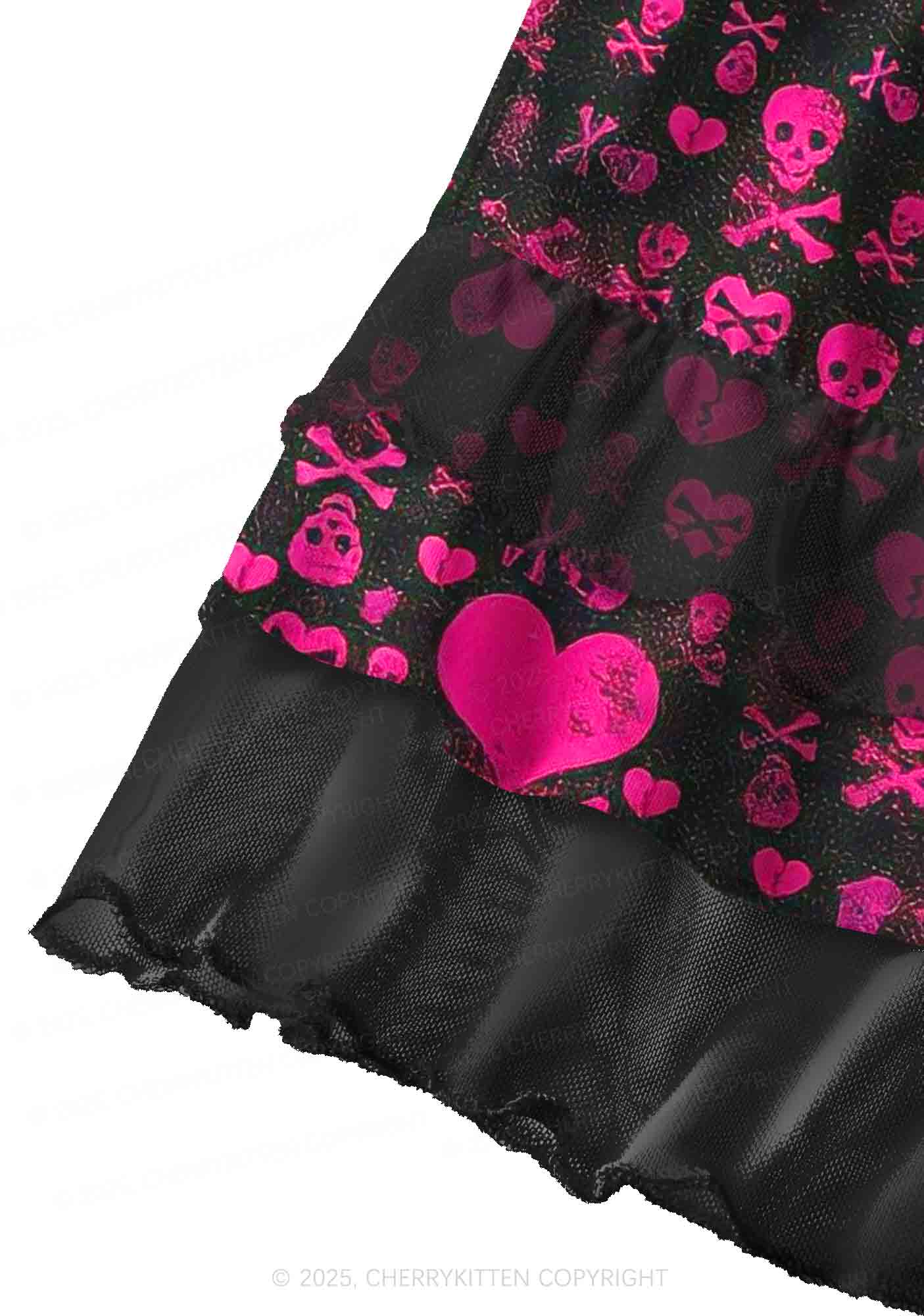 Skeleton Pink Love Valentine's Day Y2K Print Mini Layered Skirt Cherrykitten - Image 2