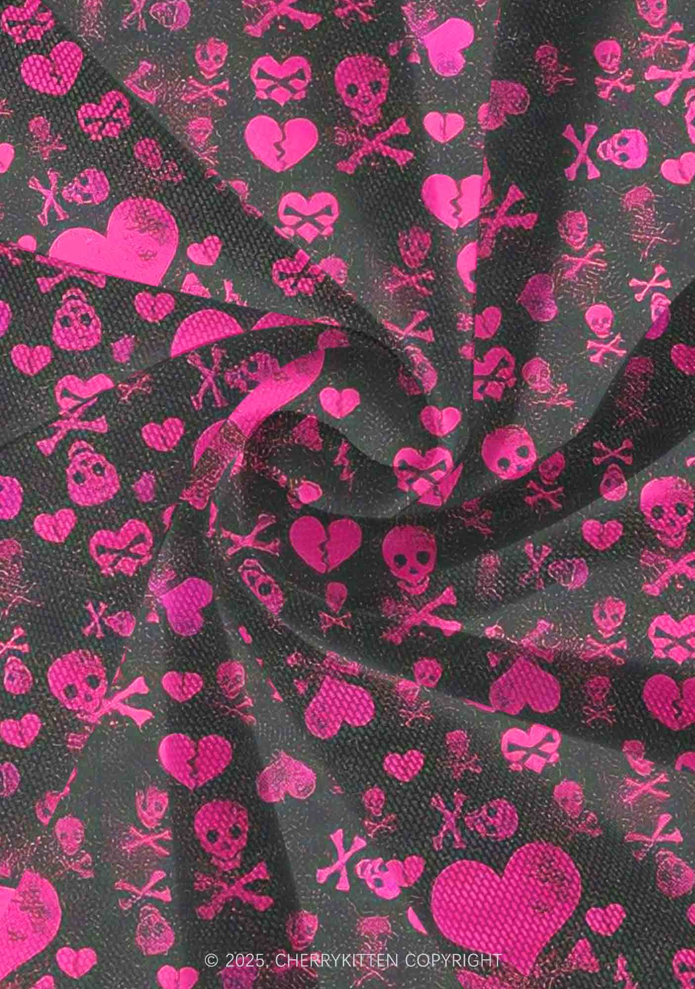 Skeleton Pink Love Valentine's Day Y2K Print Mini Layered Skirt Cherrykitten - Image 3