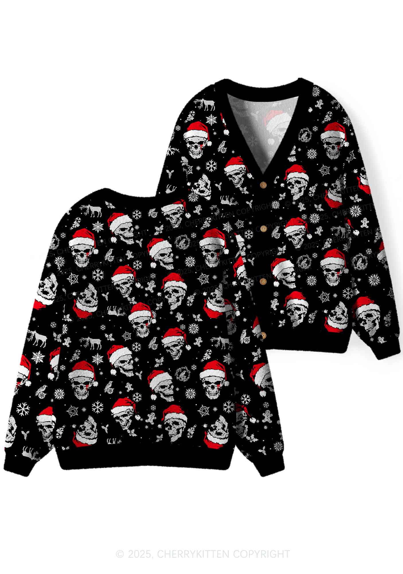 Skull Santa Y2K Christmas Cardigan Knit Sweatshirt Cherrykitten - Image 3