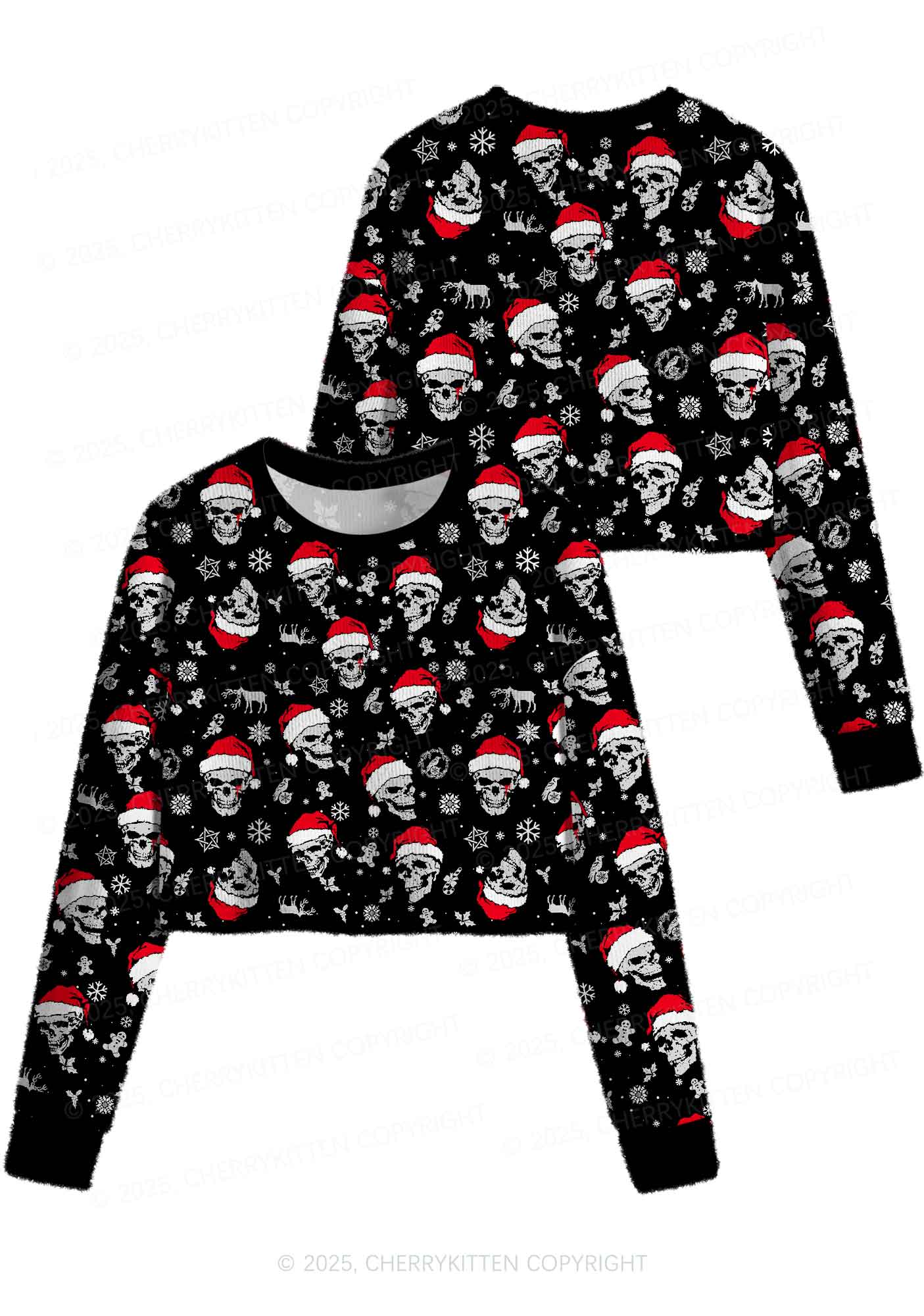 Skull Santa Y2K Christmas Crop Knit Sweatshirt Cherrykitten - Image 3