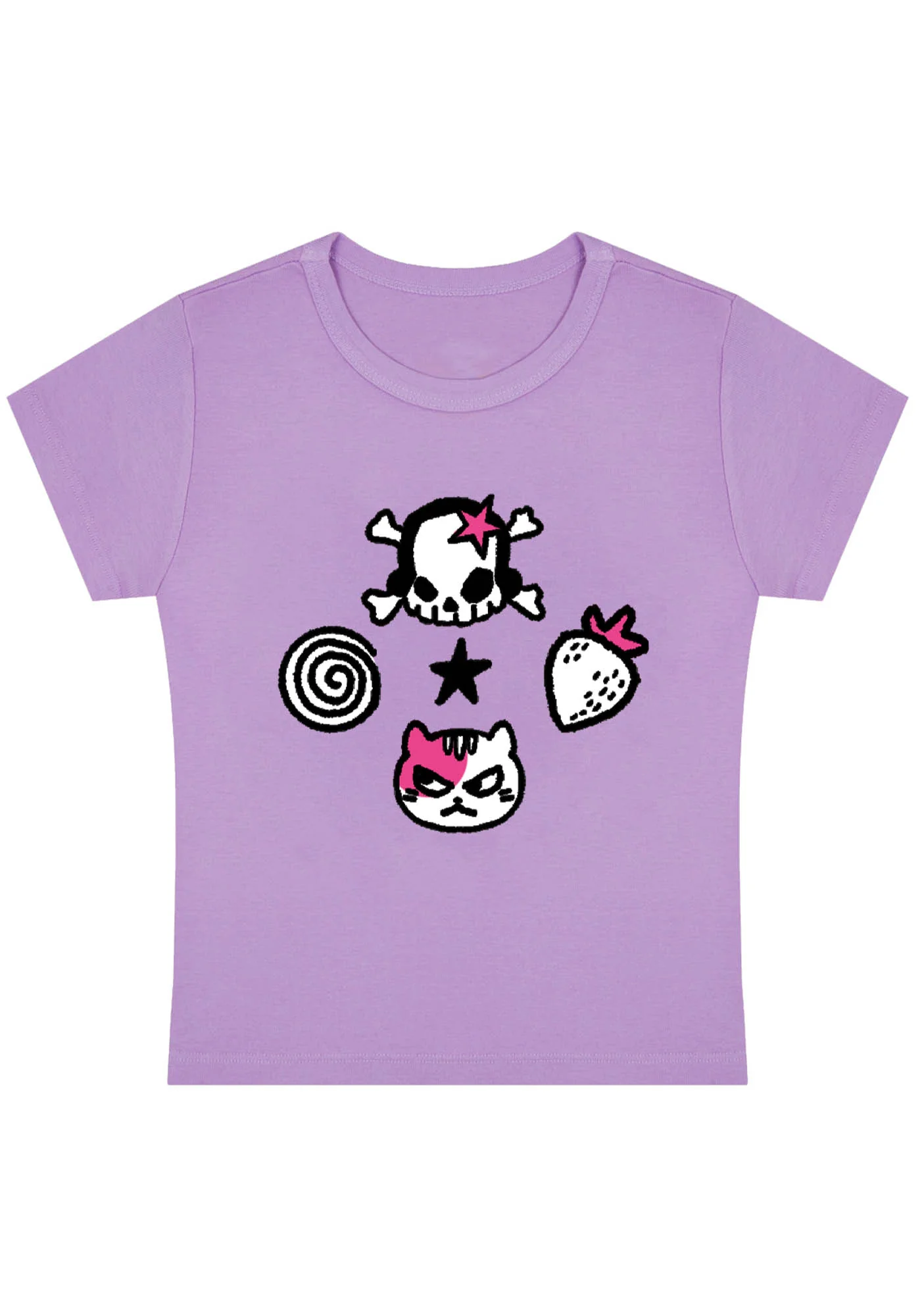 Skull Strawberry Cat Stars Y2K Baby Tee - Image 3