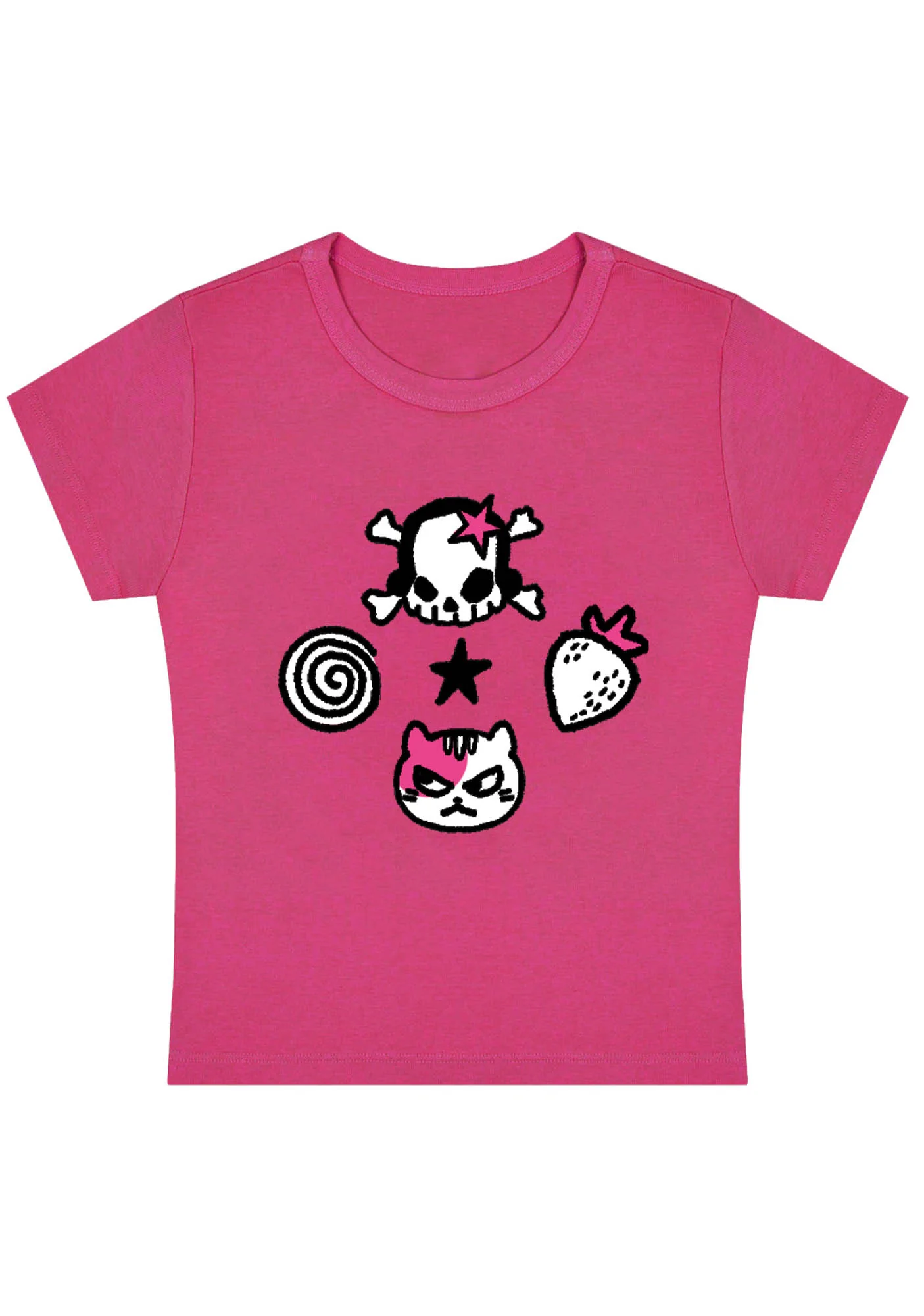 Skull Strawberry Cat Stars Y2K Baby Tee - Image 4