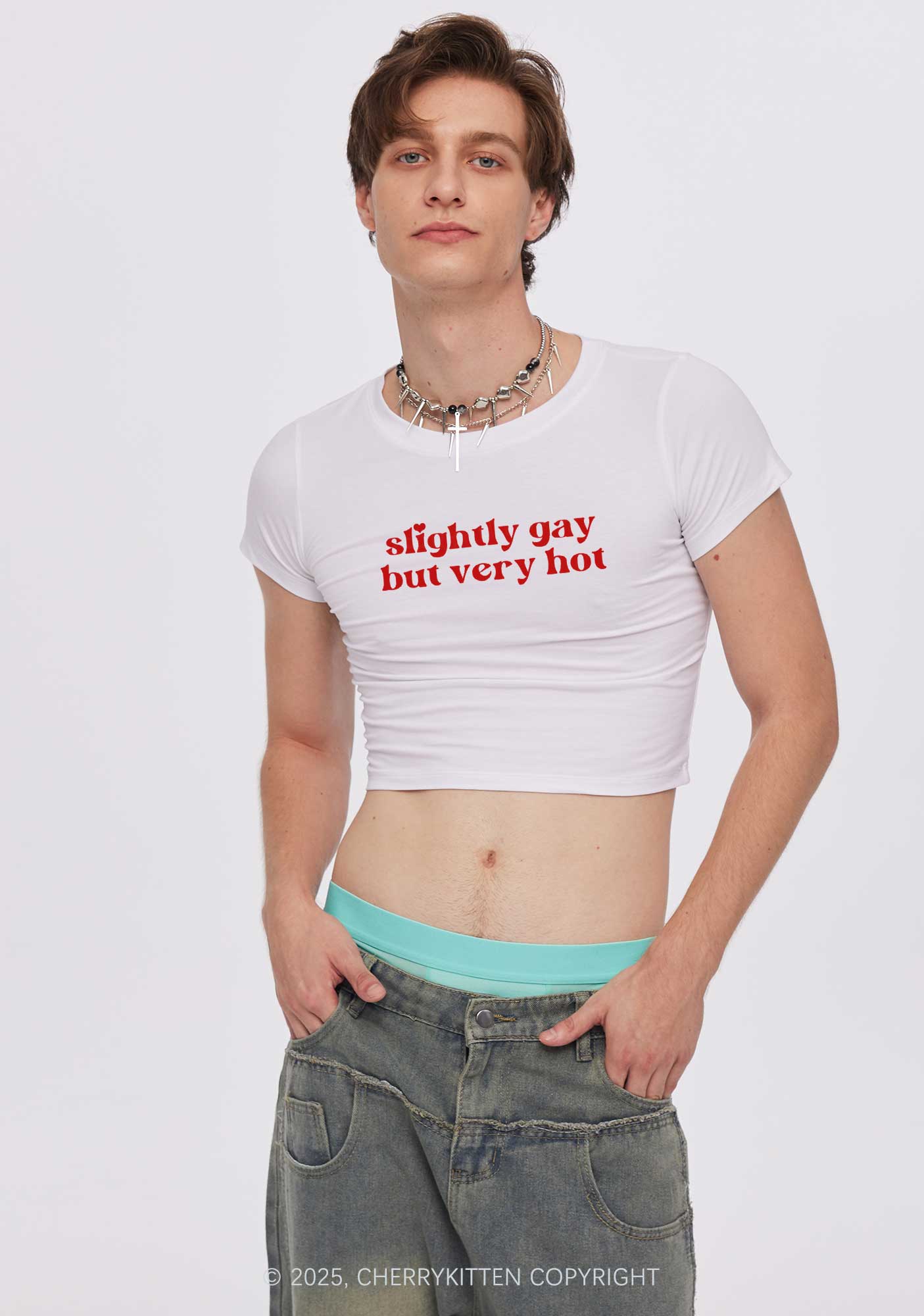 Slightly Gay But Very Hot Pride Y2K Baby Tee Cherrykitten - Image 3
