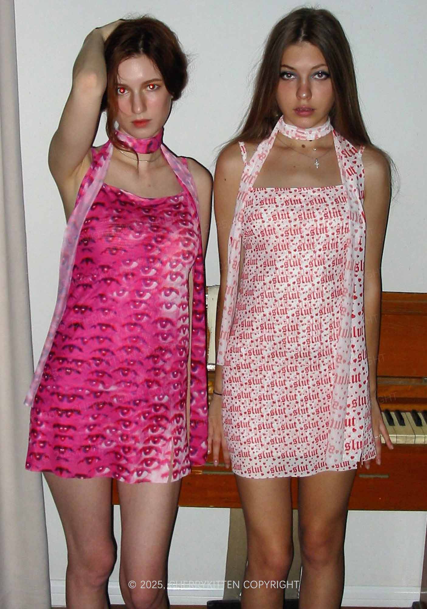Halloween Pink Eyes Y2K Mesh Slip Dress With Scarf Set Cherrykitten - Image 2