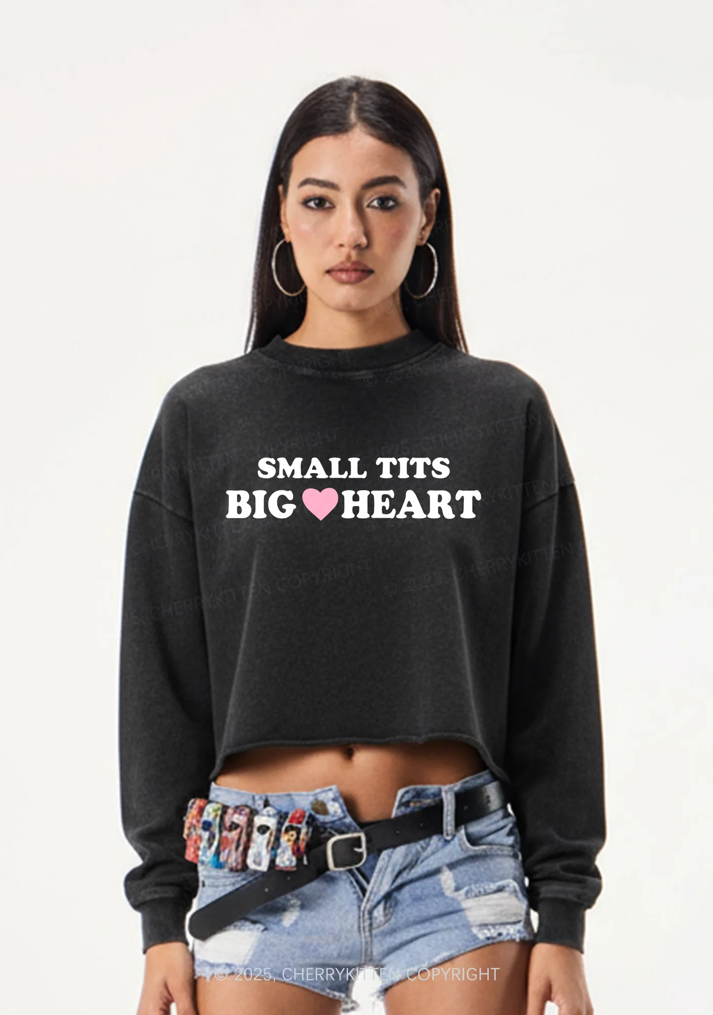 Small But Big Heart Y2K Crop Washed Sweatshirts Cherrykitten - Image 2