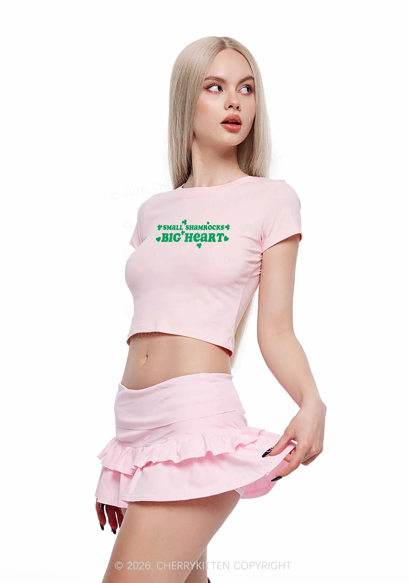 Small Shamrocks Big Heart St Patricks Y2K Baby Tee Cherrykitten - Image 2