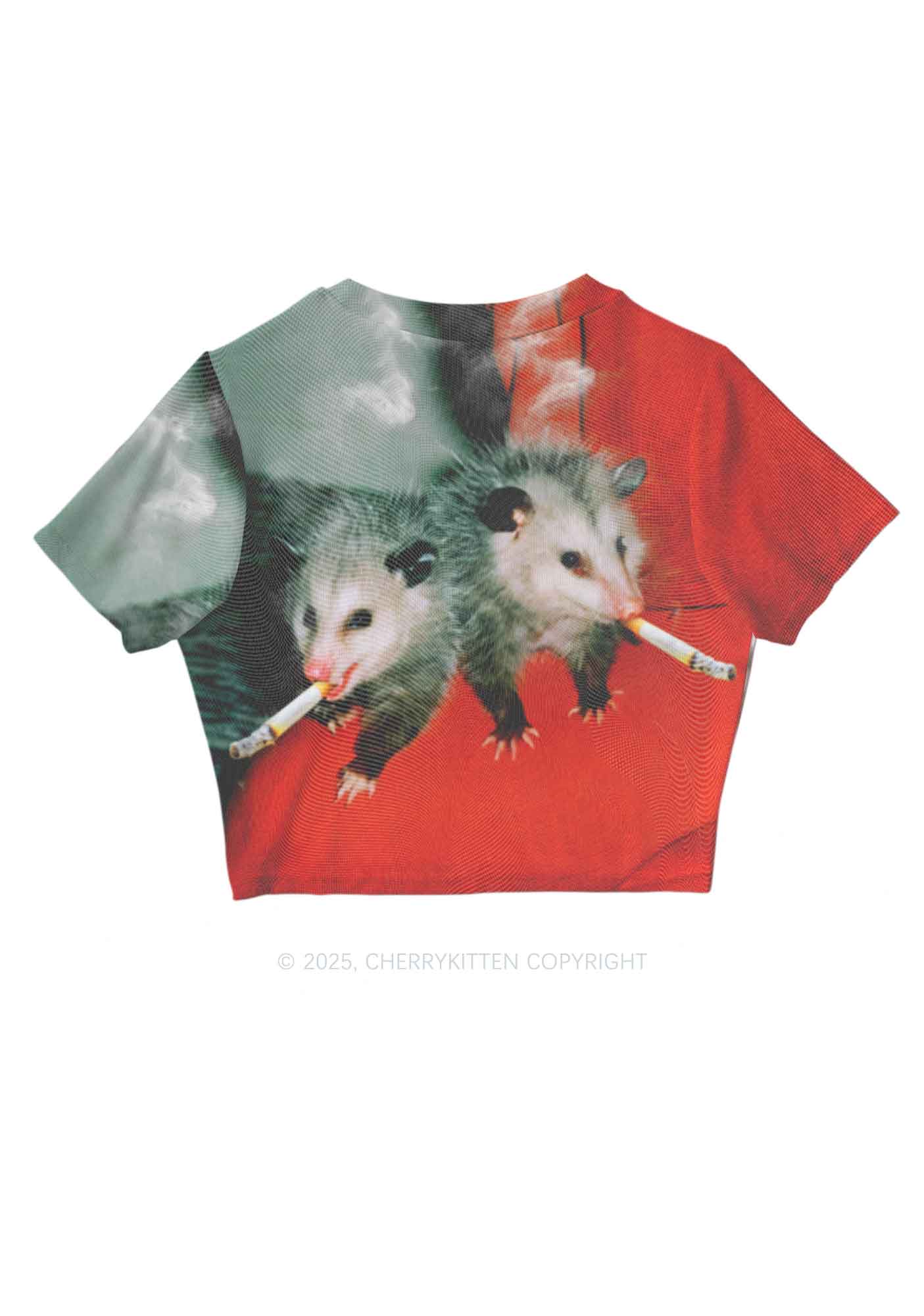Smoking Badass Possum Y2K Mesh Crop Top Cherrykitten - Image 3