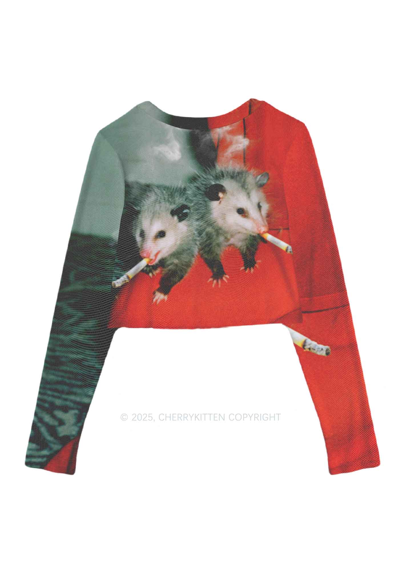 Smoking Badass Possum Y2K Mesh Long Sleeve Crop Top Cherrykitten - Image 3